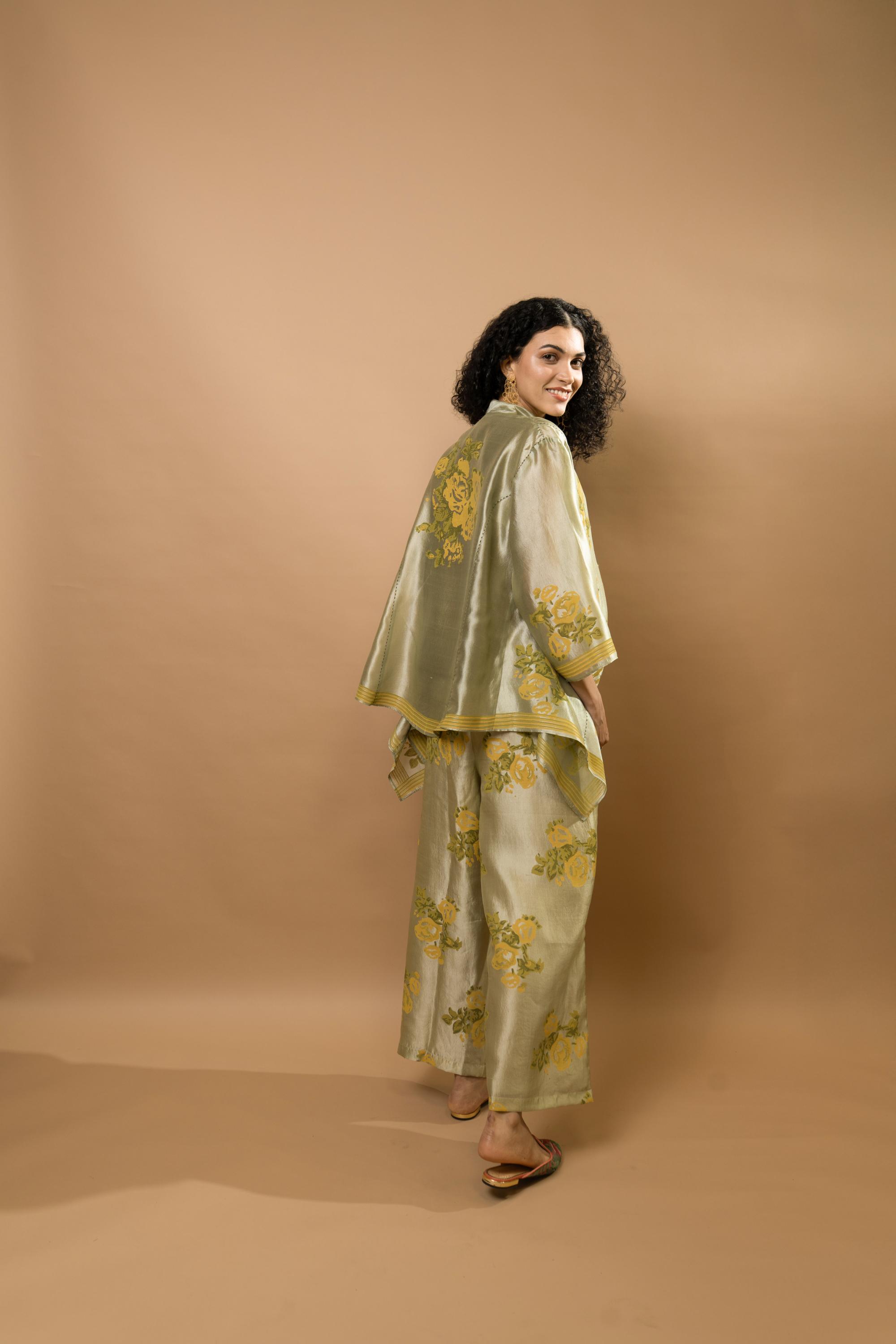 block-printed jacket with rosettes