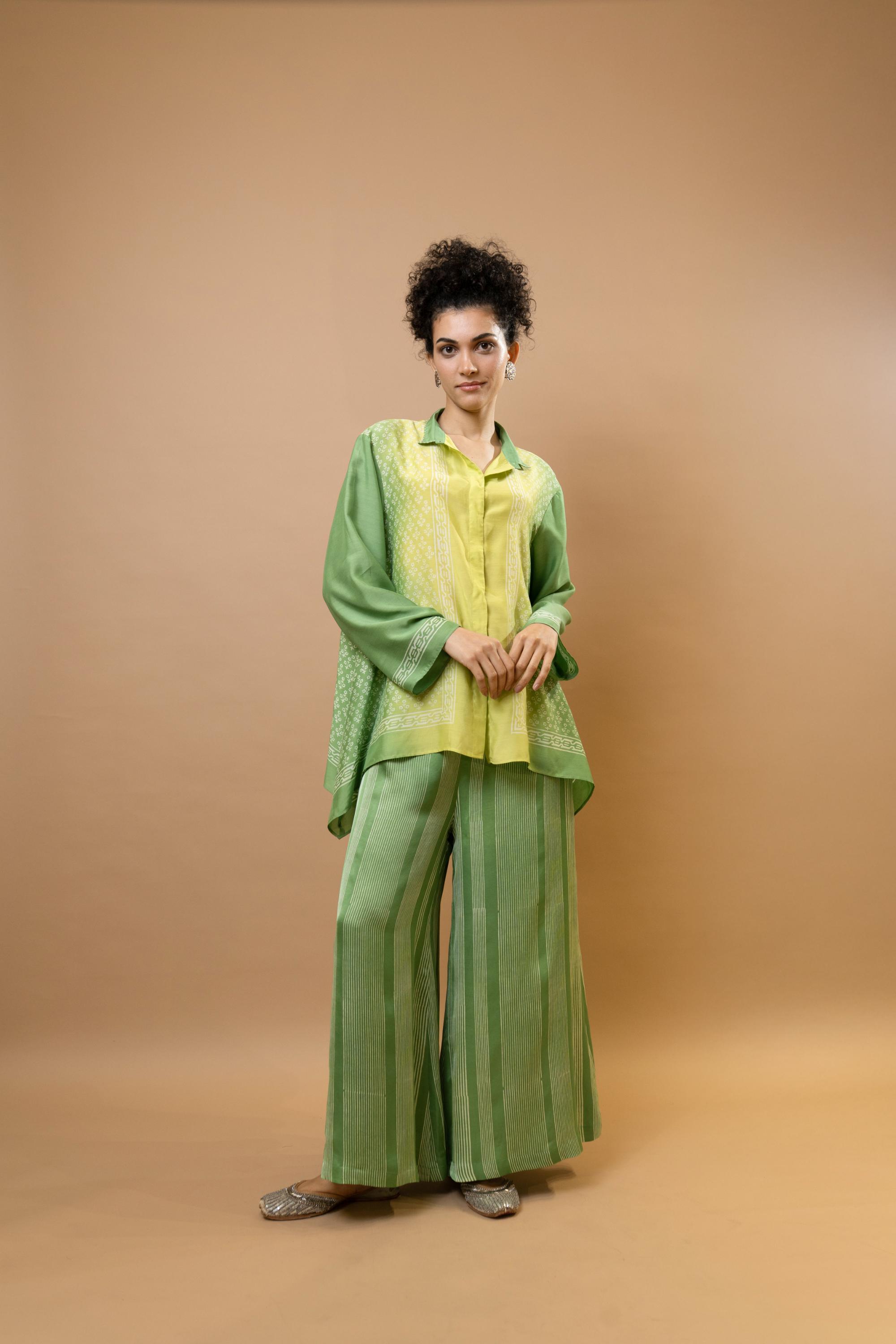 lime green ombre block-printed asymmetric shirt