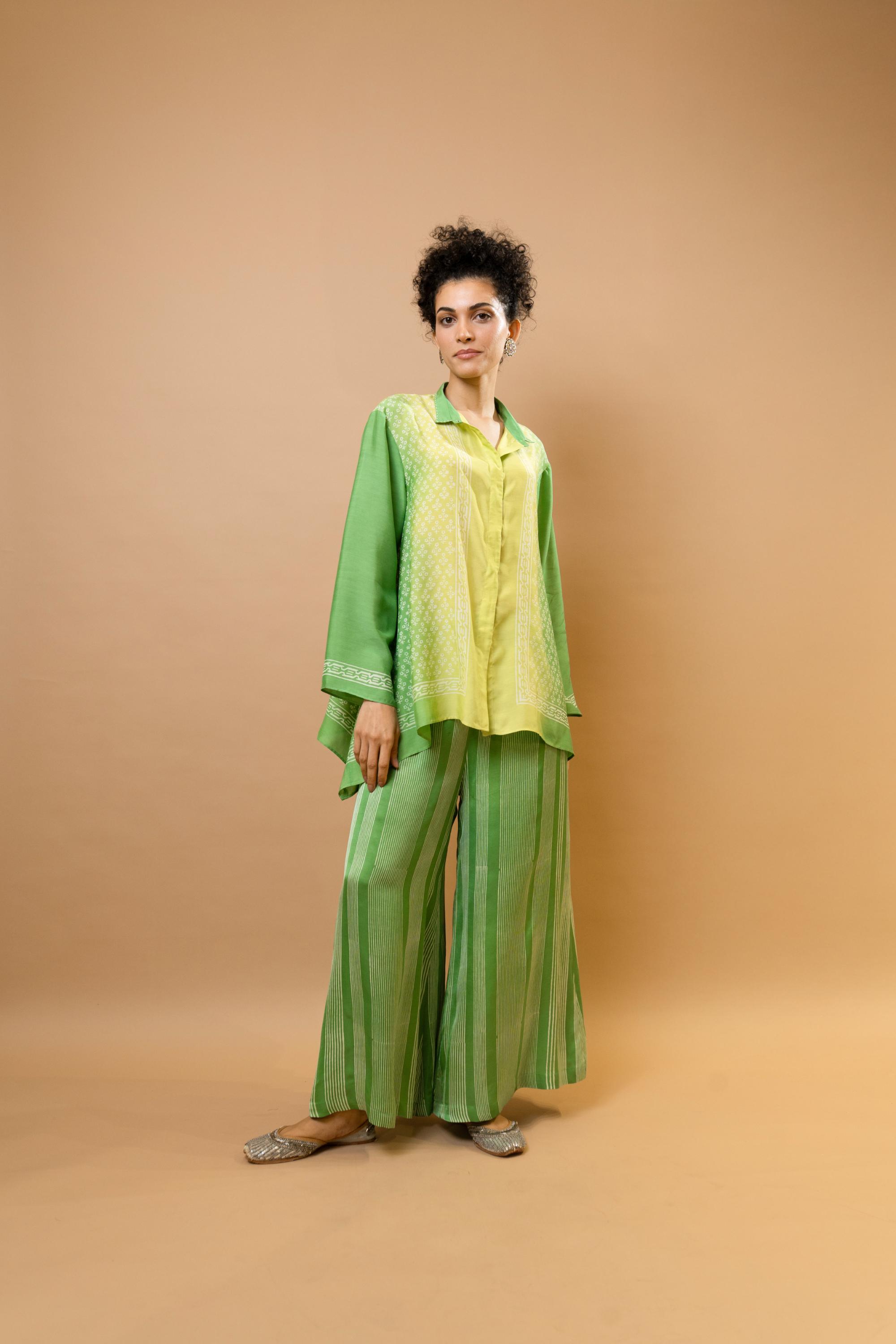 lime green ombre block-printed asymmetric shirt