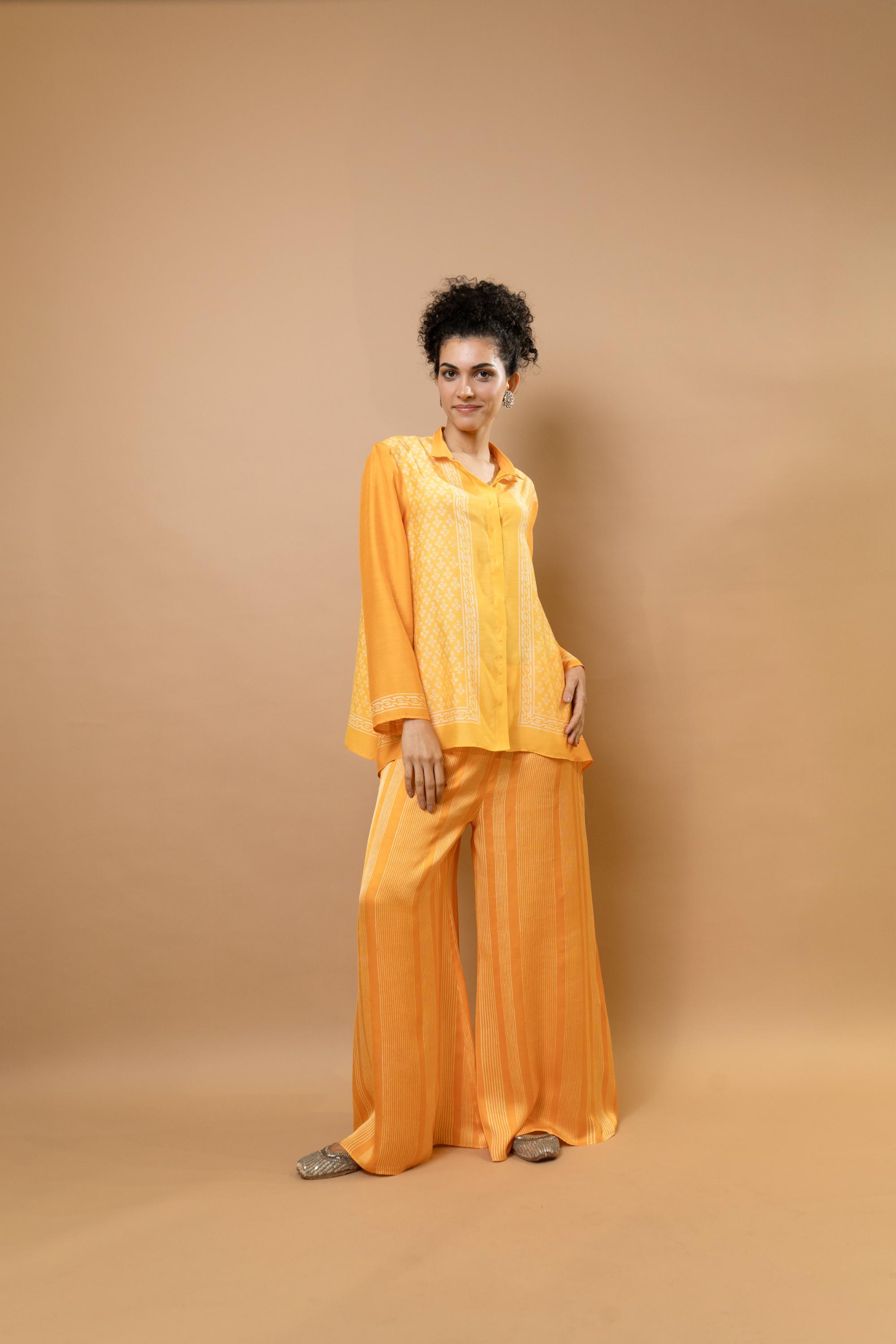 Yellow - orange ombre block-printed asymmetric shirt