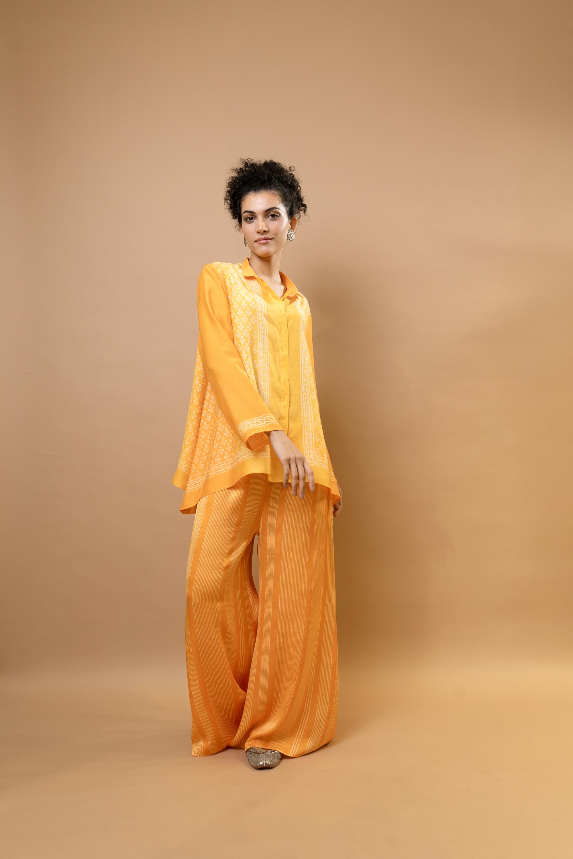 Yellow - orange ombre block-printed asymmetric shirt
