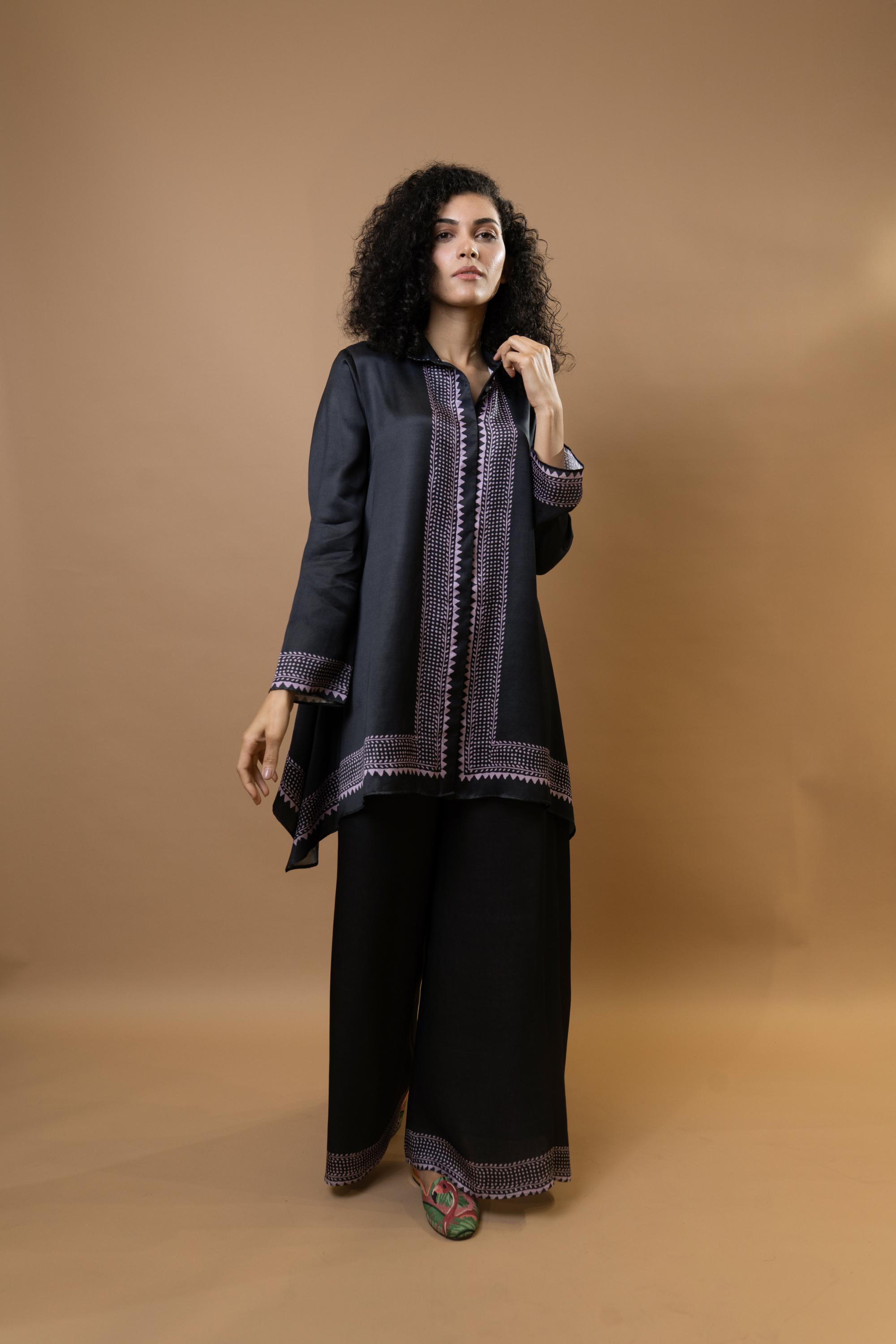 A black bold and stylish block-printed asymmetric shirt,