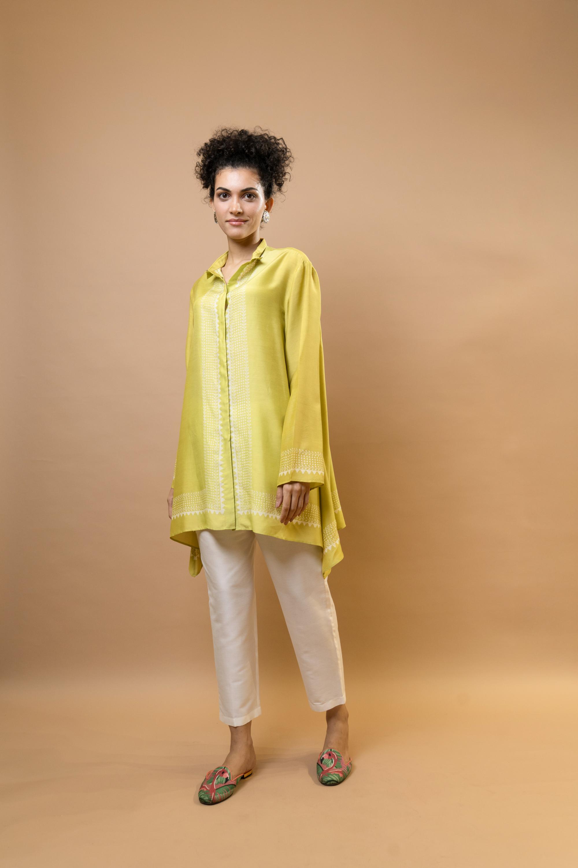 Olive lime ombre block-printed asymmetric shirt