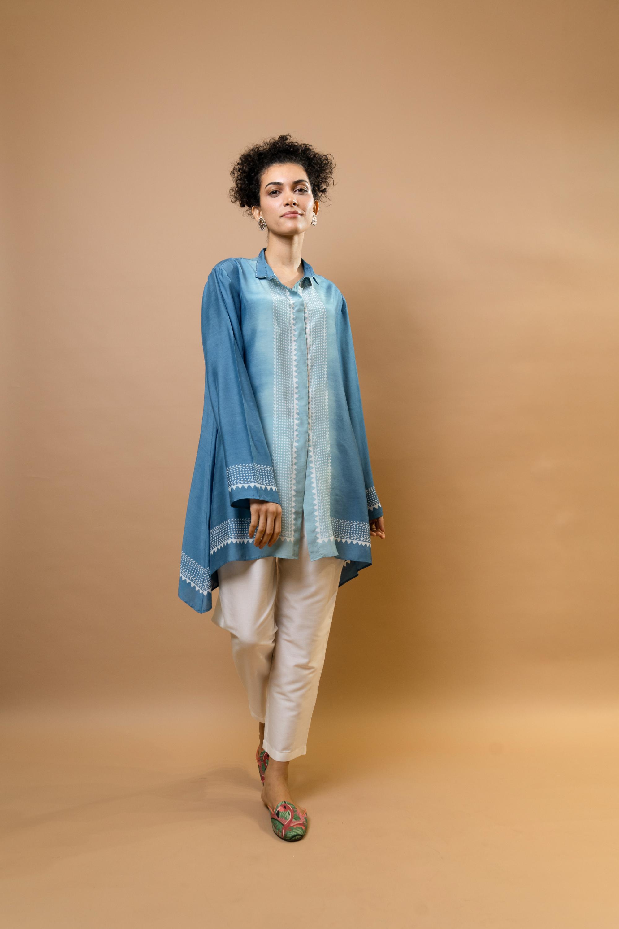 An indigo stylish ombre block-printed asymmetric shirt