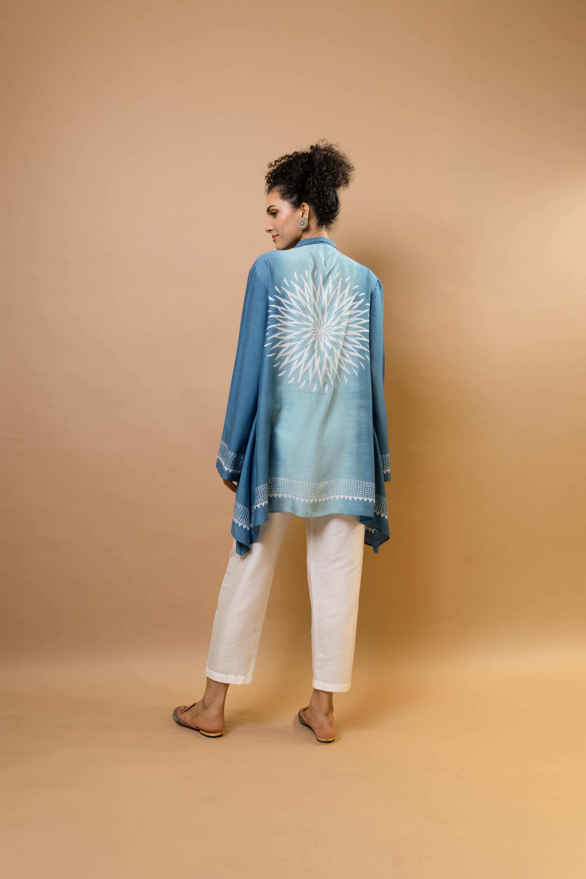An indigo stylish ombre block-printed asymmetric shirt