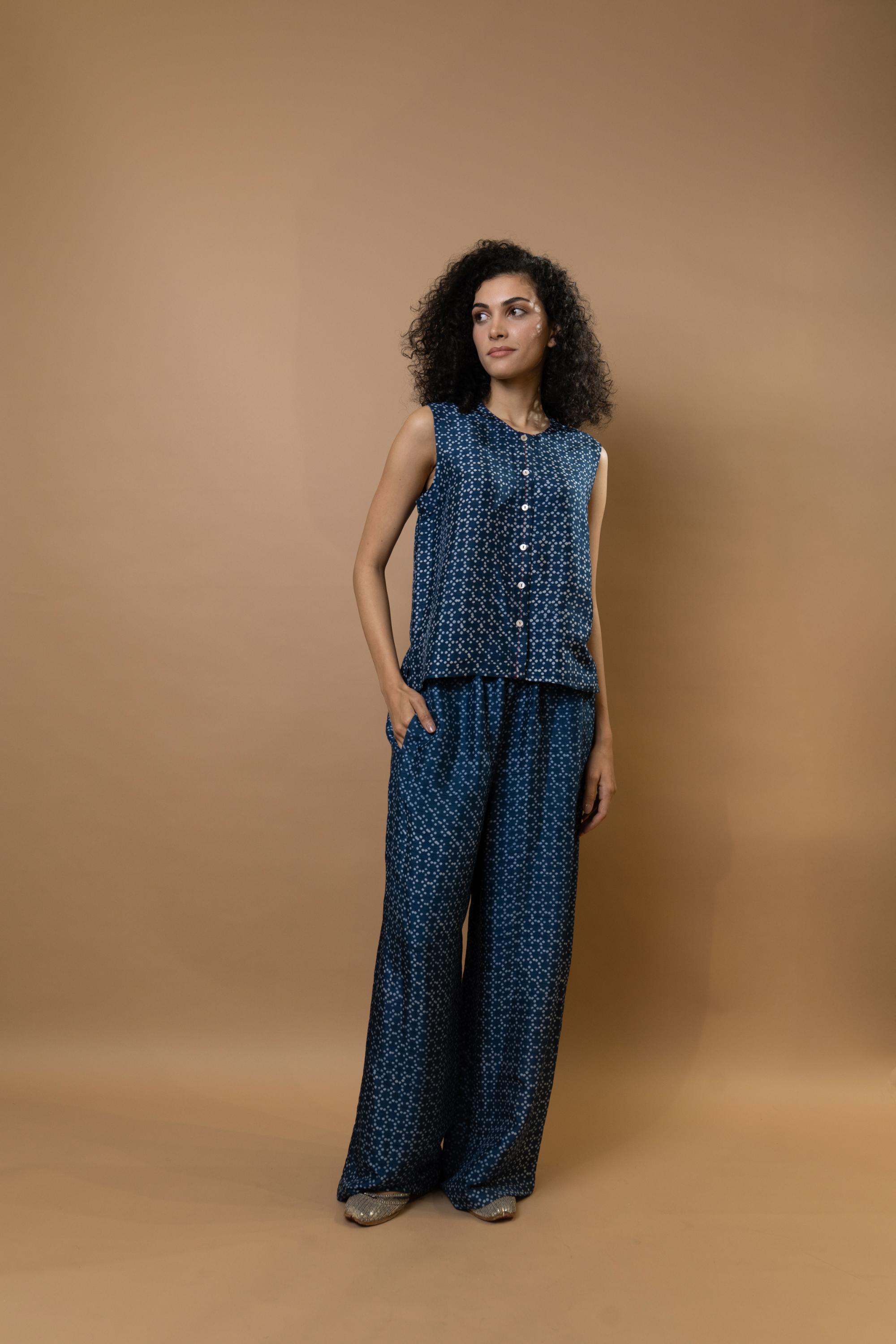 Indigo block-printed sleeveless blouse