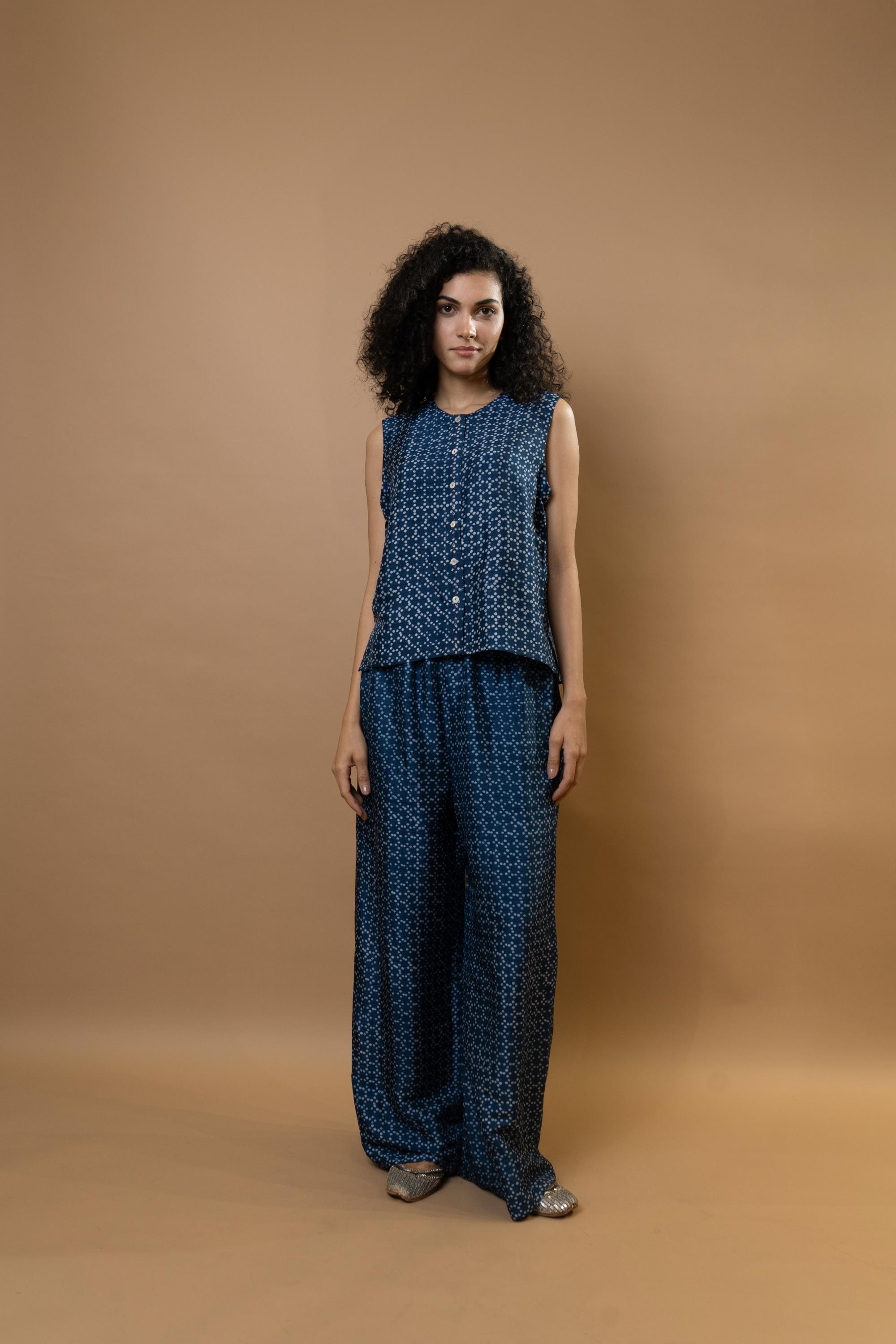 Indigo block-printed sleeveless blouse