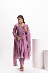 PURPLE MUSLIN PLEATED KURTA SET