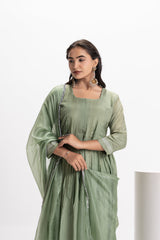 GREEN MUSLIN PLEATED KURTA SET