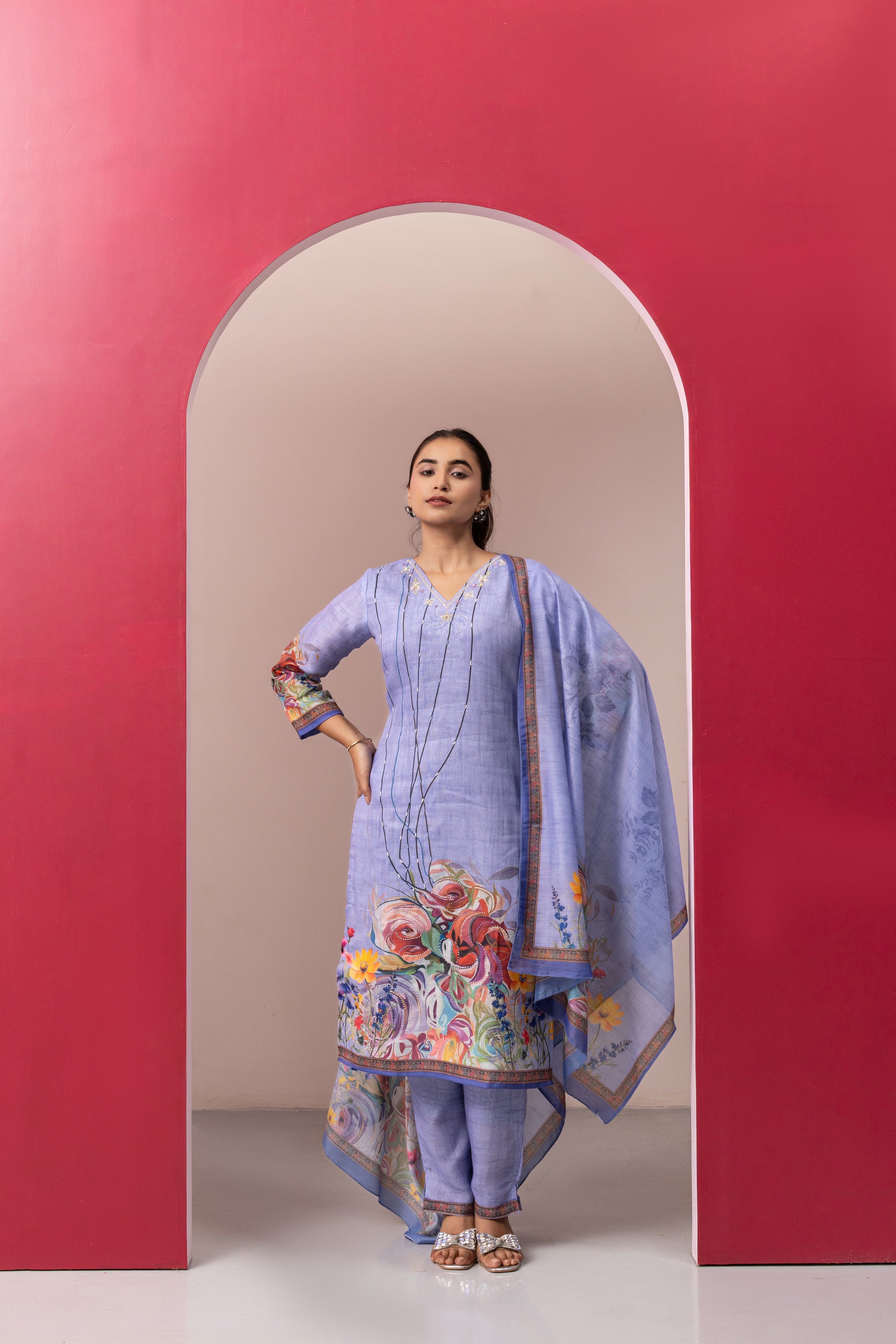 LILAC PRINTED COTTON LINEN KURTA SET | The Mahal