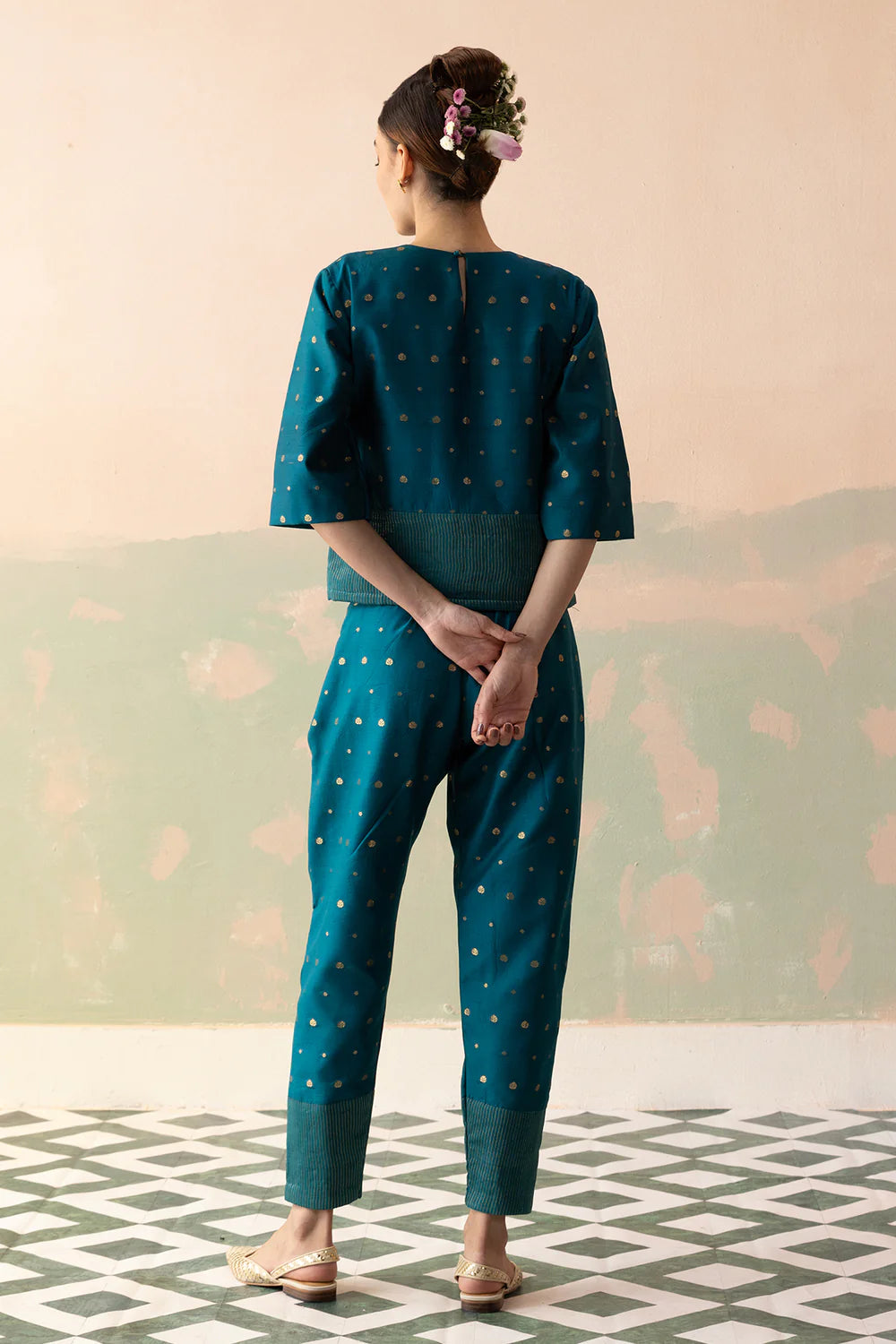 Benarasi Silk Buty Short Top & Pants with Tissue Border