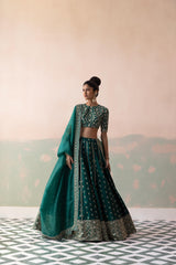 Benarasi Raw Silk Buti Lehenga with Brass Jaal Blouse & Organza Dupatta