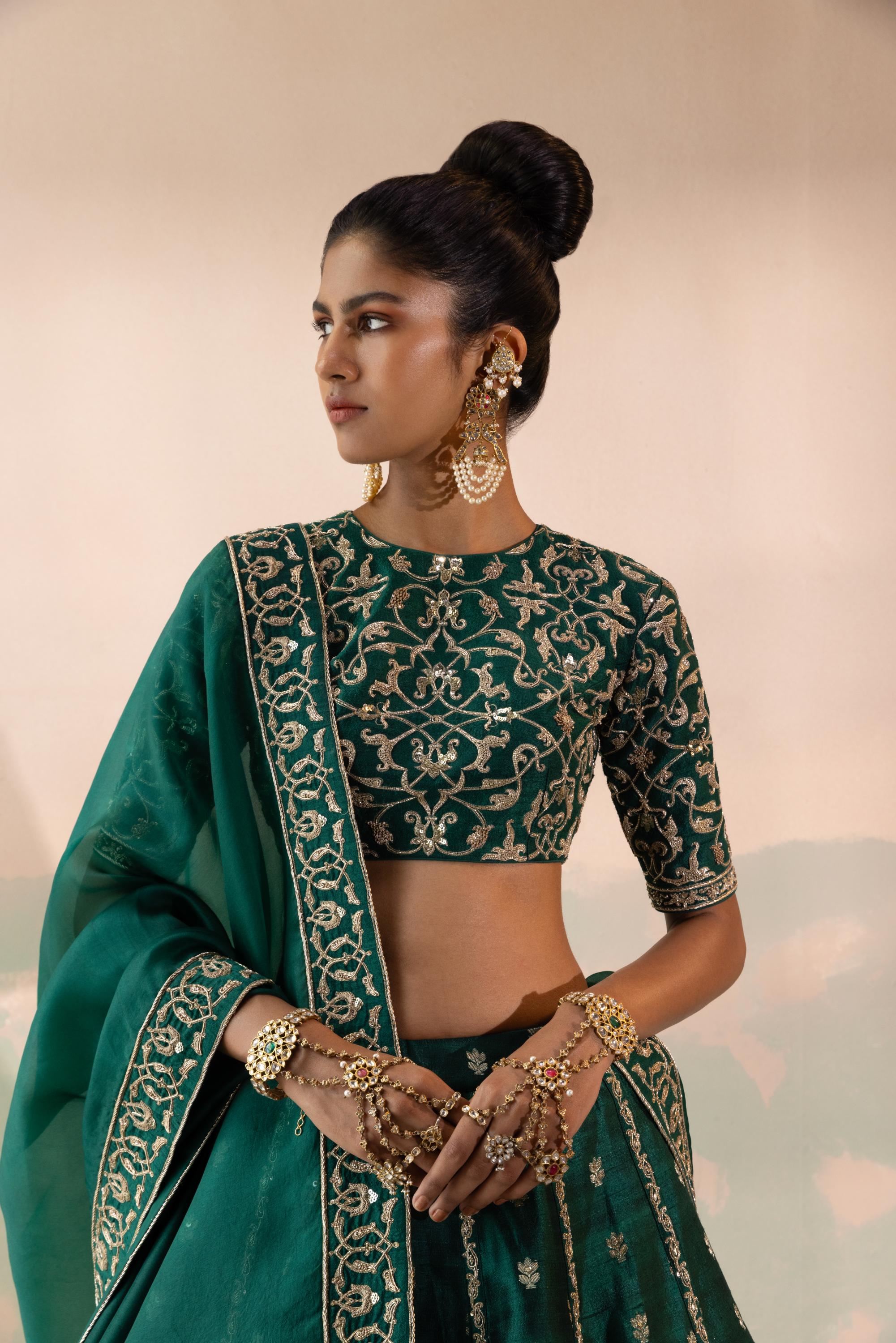 Benarasi Raw Silk Buti Lehenga with Brass Jaal Blouse & Organza Dupatta