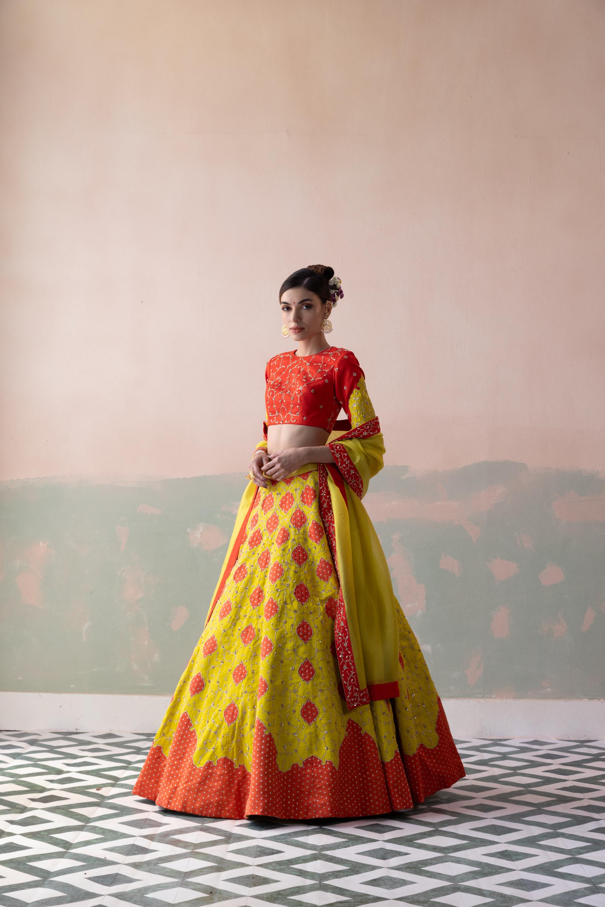 Raw Silk Diamond Jaal Lehenga with Appliqué Blouse & Organza Dupatta