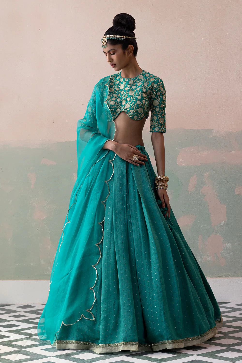 Moonga Silk Polka Dot Lehenga with Raw Silk Zari Appliqué Blouse & Organza Dupatta
