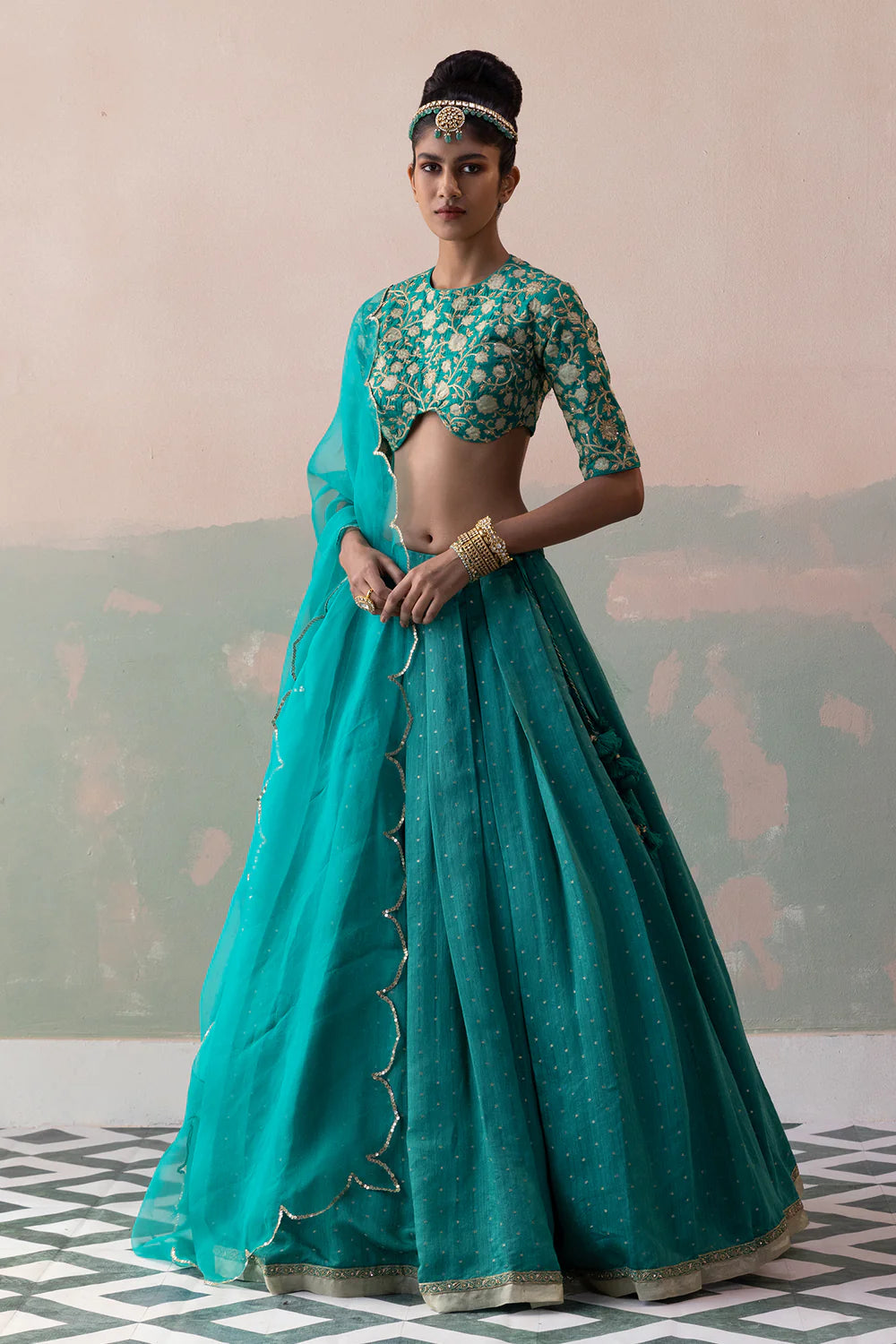 Moonga Silk Polka Dot Lehenga with Raw Silk Zari Appliqué Blouse & Organza Dupatta