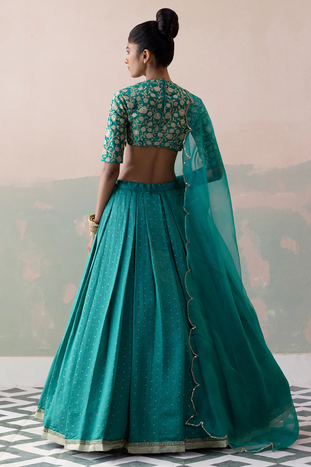 Moonga Silk Polka Dot Lehenga with Raw Silk Zari Appliqué Blouse & Organza Dupatta