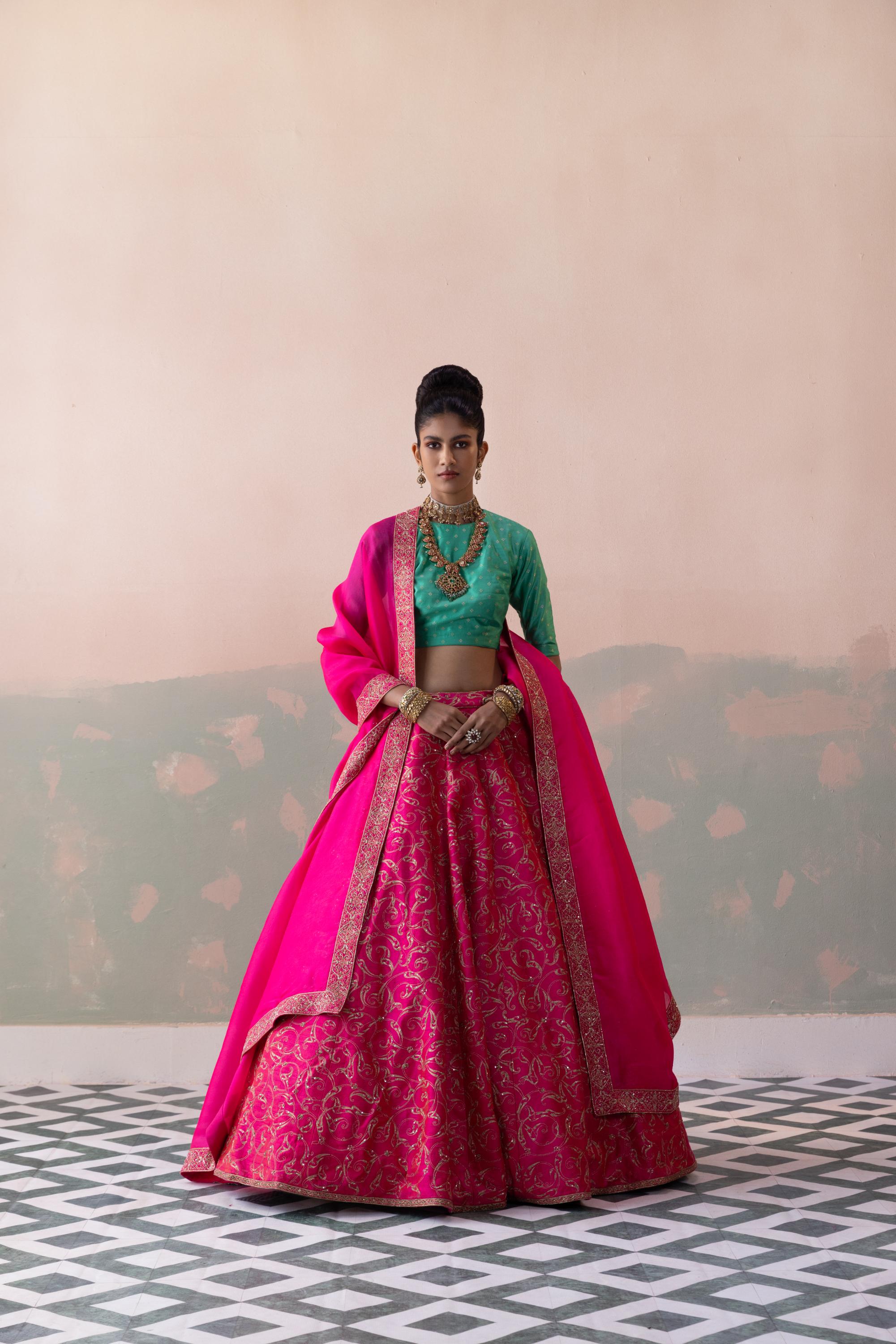 Raw Silk Keri Jaal Lehenga with Benarasi Buty Blouse & Organza Dupatta