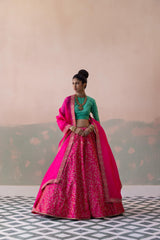Raw Silk Keri Jaal Lehenga with Benarasi Buty Blouse & Organza Dupatta