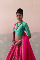 Raw Silk Keri Jaal Lehenga with Benarasi Buty Blouse & Organza Dupatta