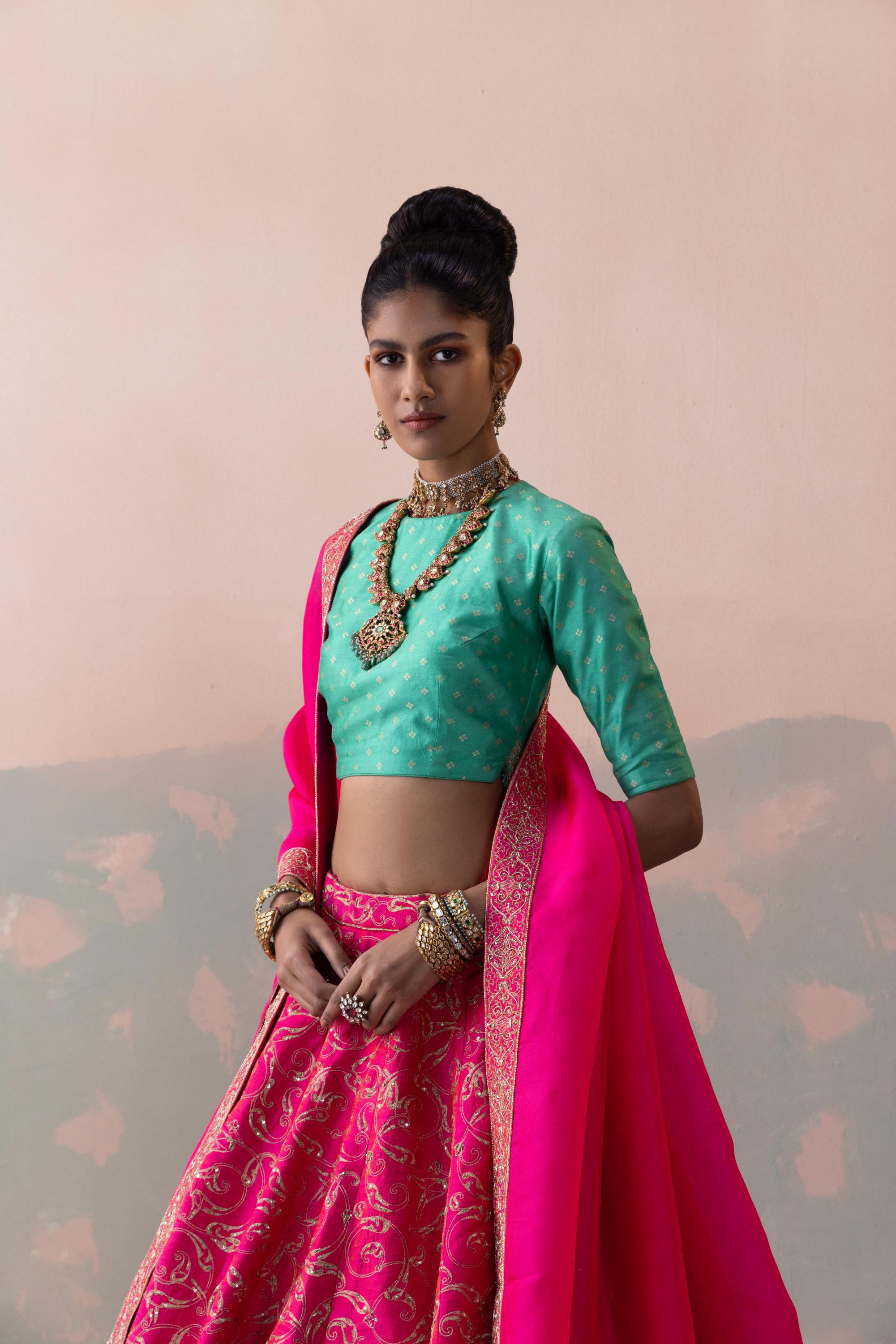 Raw Silk Keri Jaal Lehenga with Benarasi Buty Blouse & Organza Dupatta