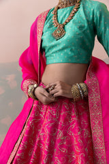 Raw Silk Keri Jaal Lehenga with Benarasi Buty Blouse & Organza Dupatta