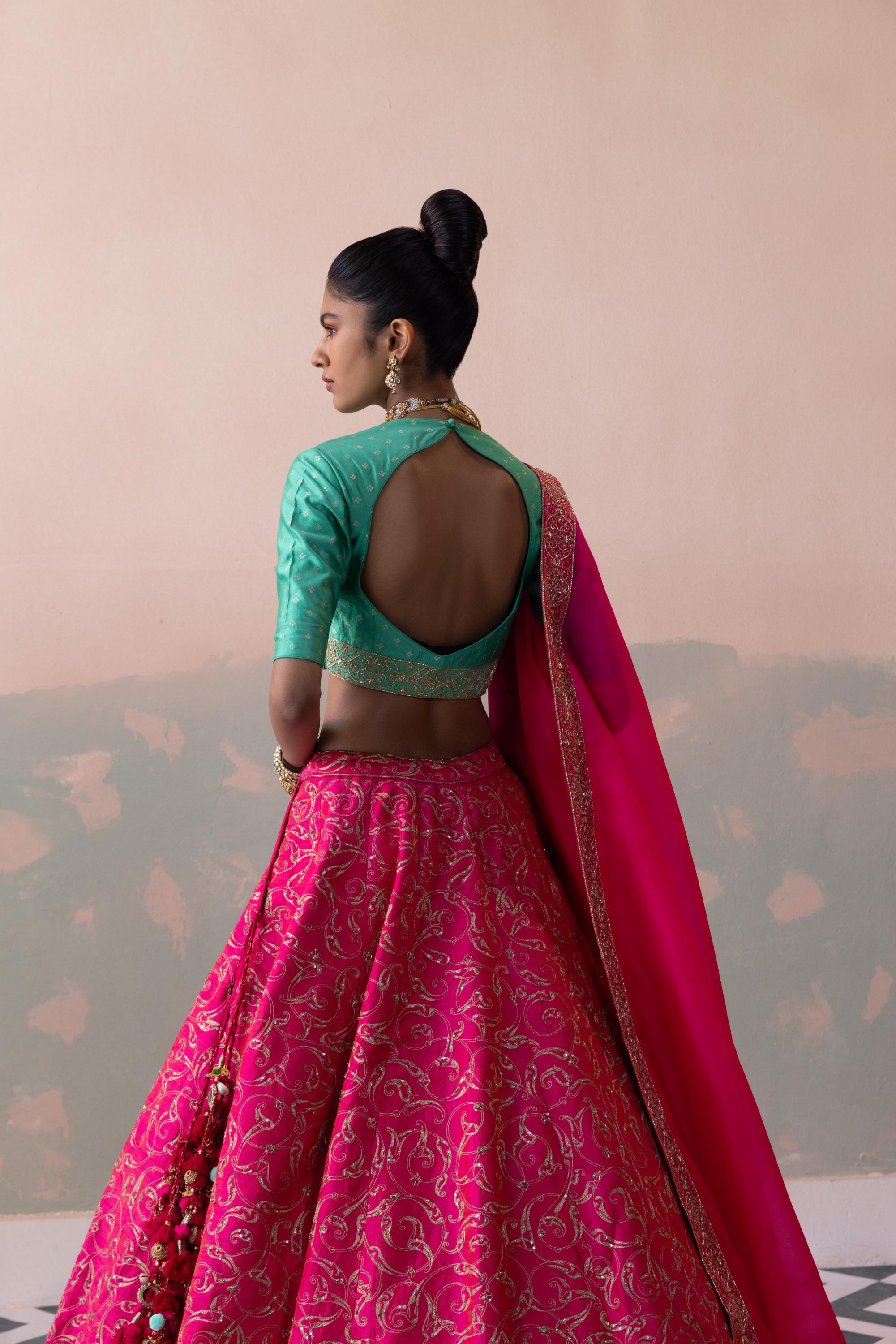 Raw Silk Keri Jaal Lehenga with Benarasi Buty Blouse & Organza Dupatta