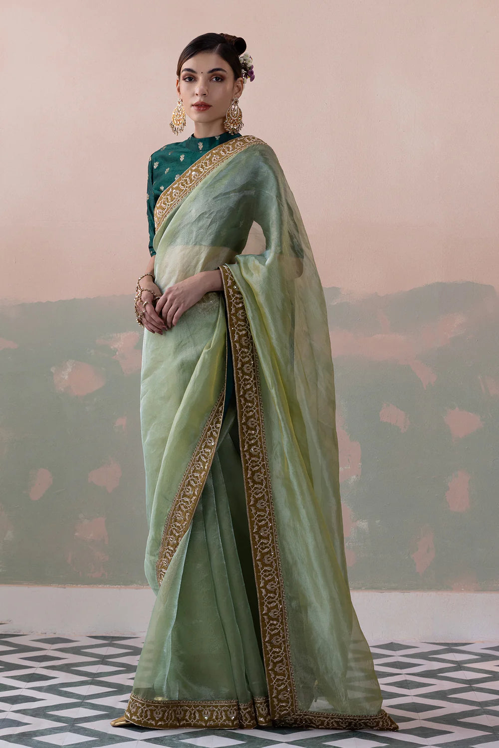 Tissue Silk Saree with Raw Silk Buty Blouse & Petticoat