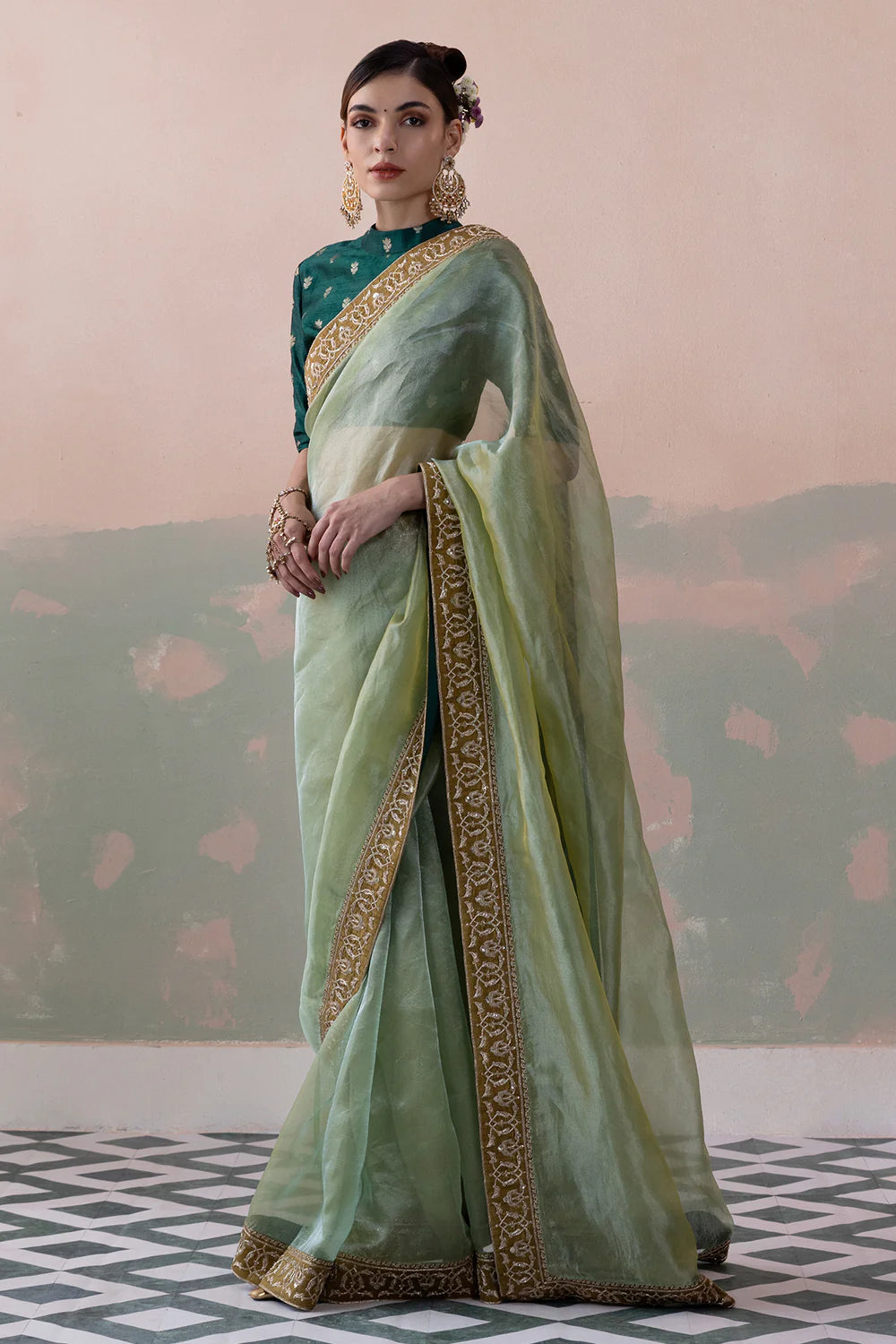 Tissue Silk Saree with Raw Silk Buty Blouse & Petticoat