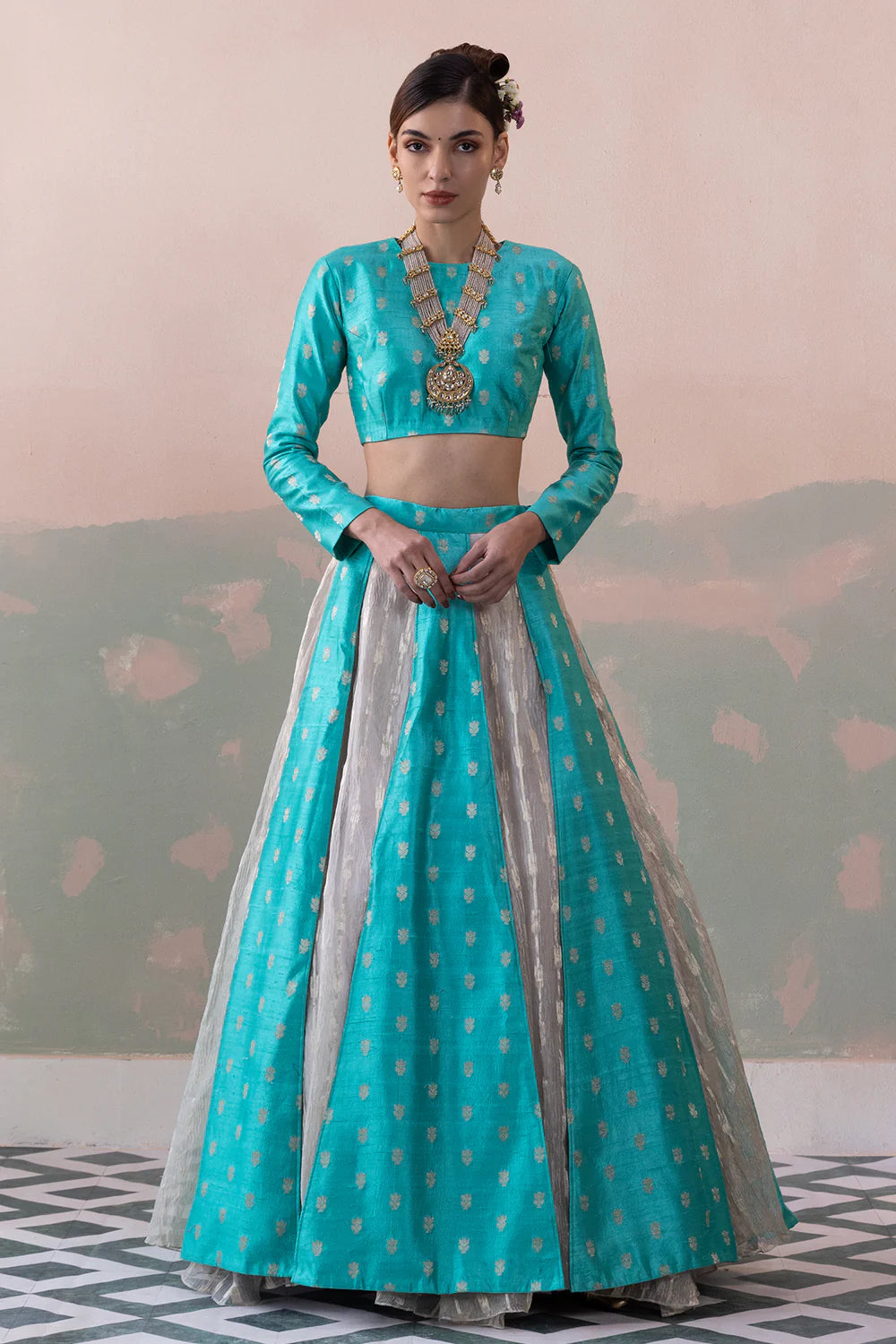 Raw Silk Buty Lehenga with Zari Silver Crushed Tissue Underskirt & Blouse