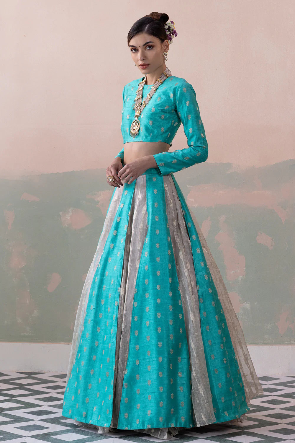 Raw Silk Buty Lehenga with Zari Silver Crushed Tissue Underskirt & Blouse