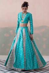 Raw Silk Buty Lehenga with Zari Silver Crushed Tissue Underskirt & Blouse