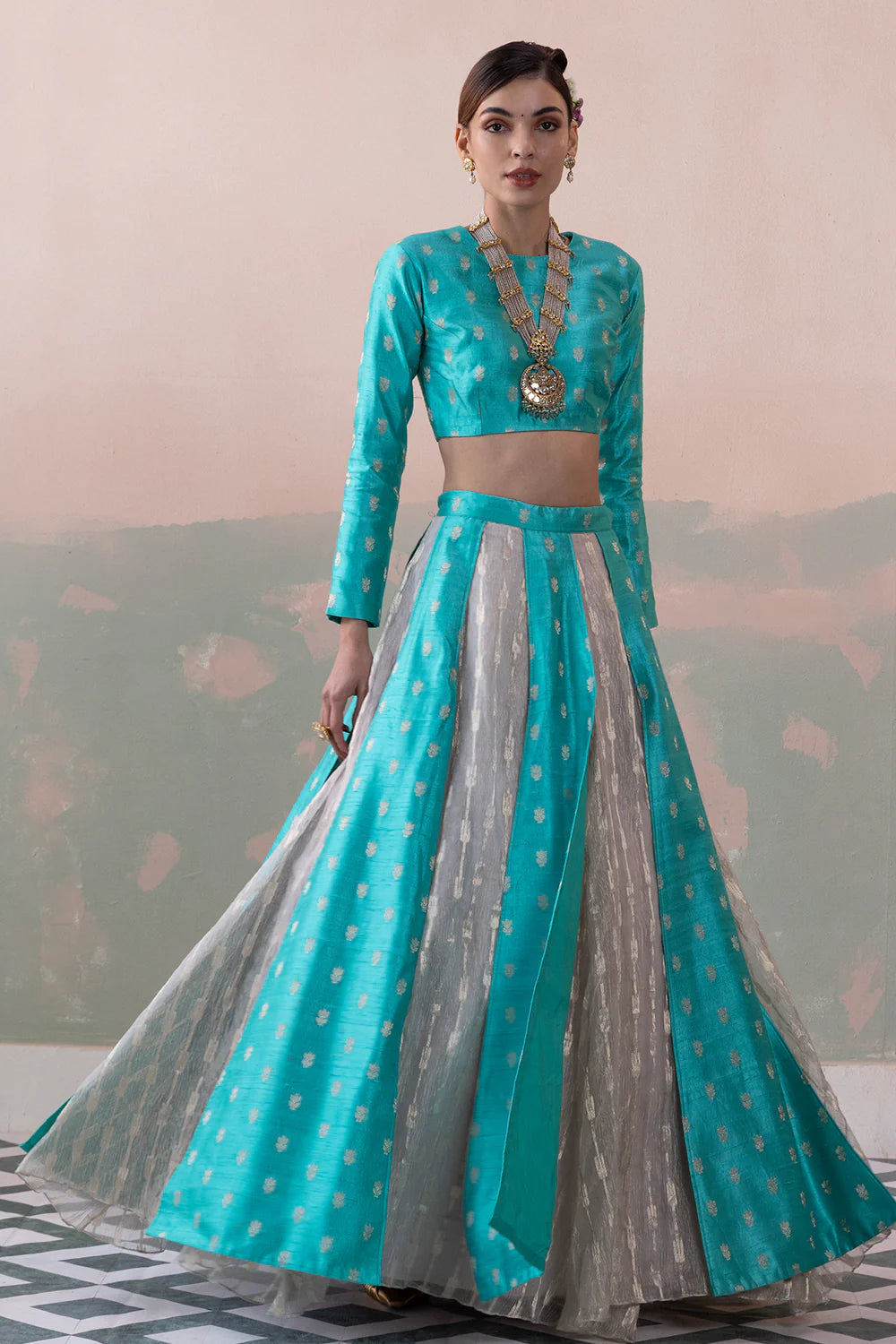 Raw Silk Buty Lehenga with Zari Silver Crushed Tissue Underskirt & Blouse