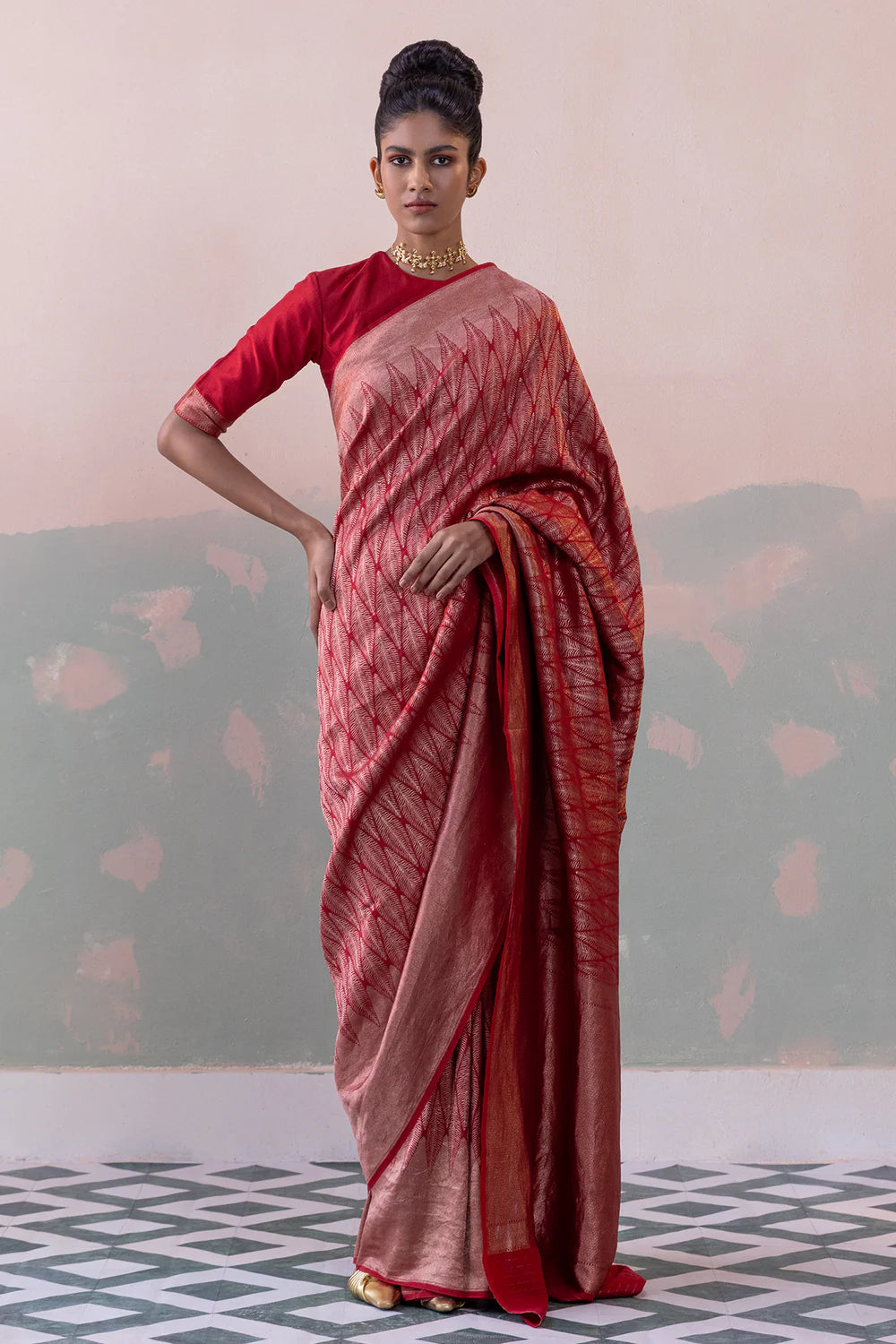 Kattan Silk Tiger Motif Benarasi Saree with Chevron Border & Petticoat