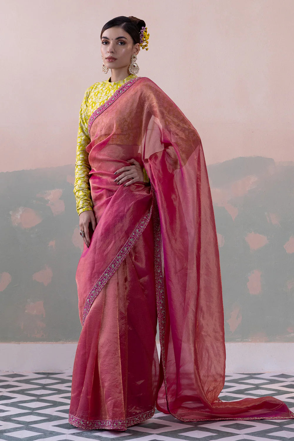 Tissue Silk Saree with Bengaluru Silk Tulip Jaal Blouse & Petticoat