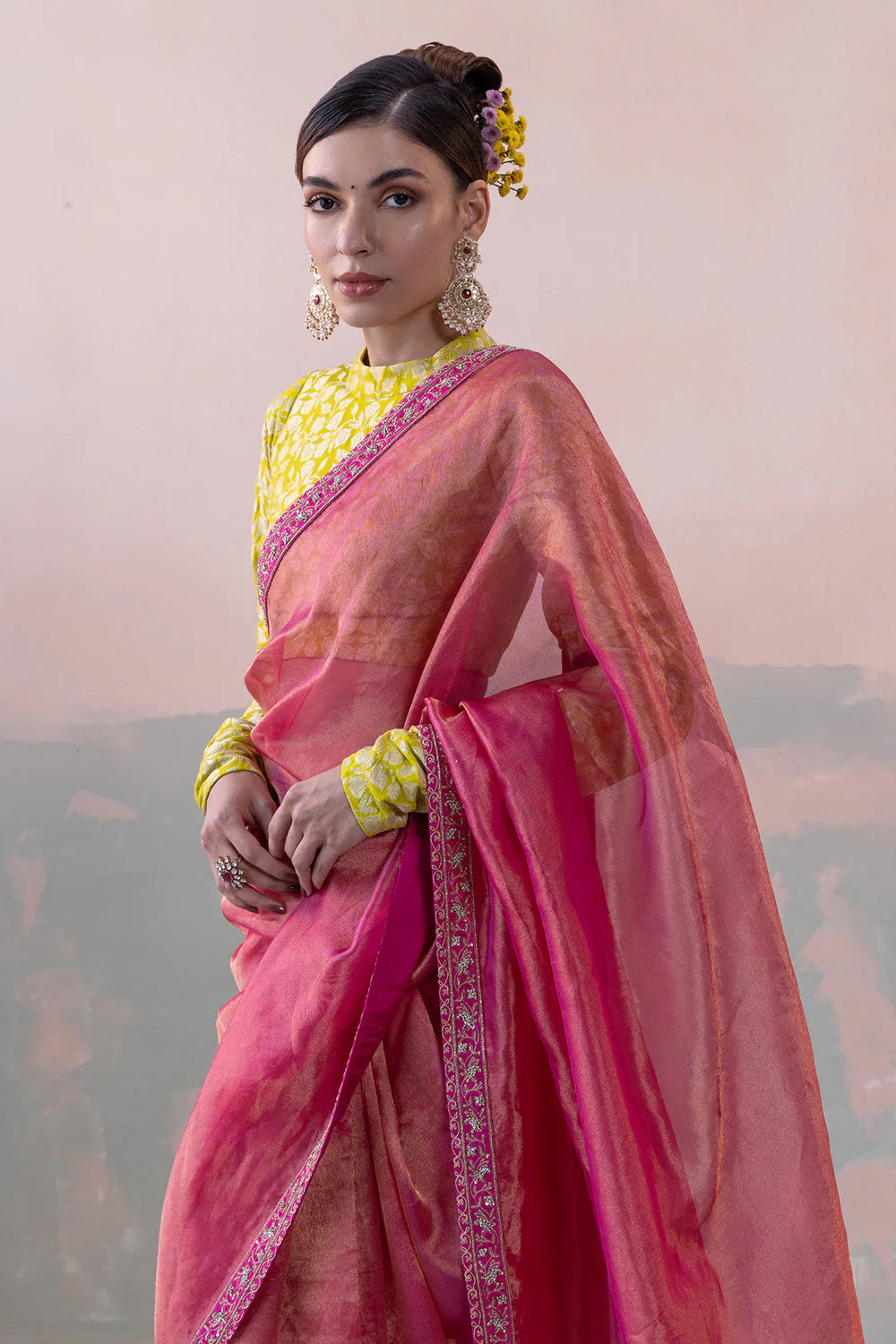 Tissue Silk Saree with Bengaluru Silk Tulip Jaal Blouse & Petticoat
