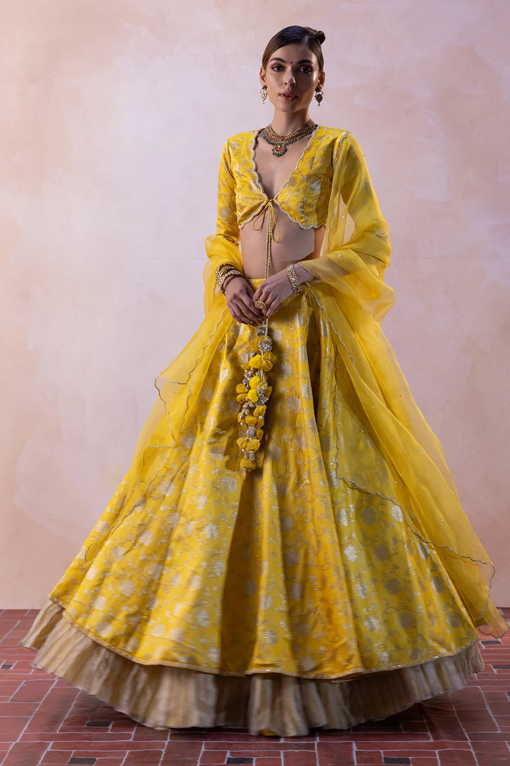 Raw Silk Palm Tree Jaal Lehenga with Zari Crushed Tissue Fringes & Organza Dupatta