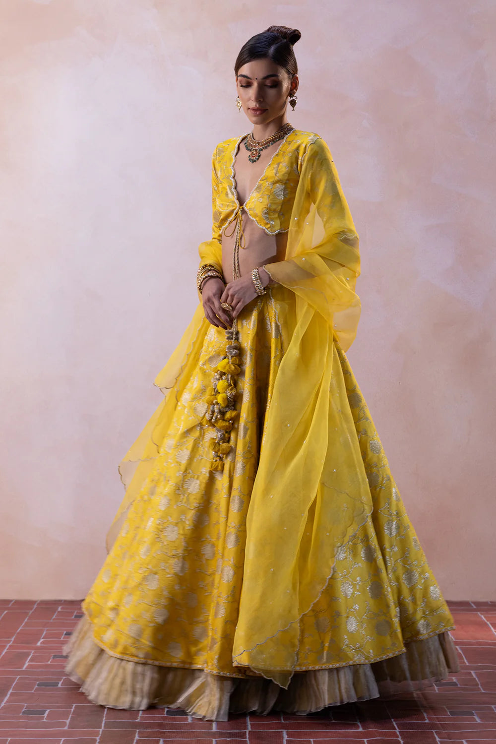 Raw Silk Palm Tree Jaal Lehenga with Zari Crushed Tissue Fringes & Organza Dupatta