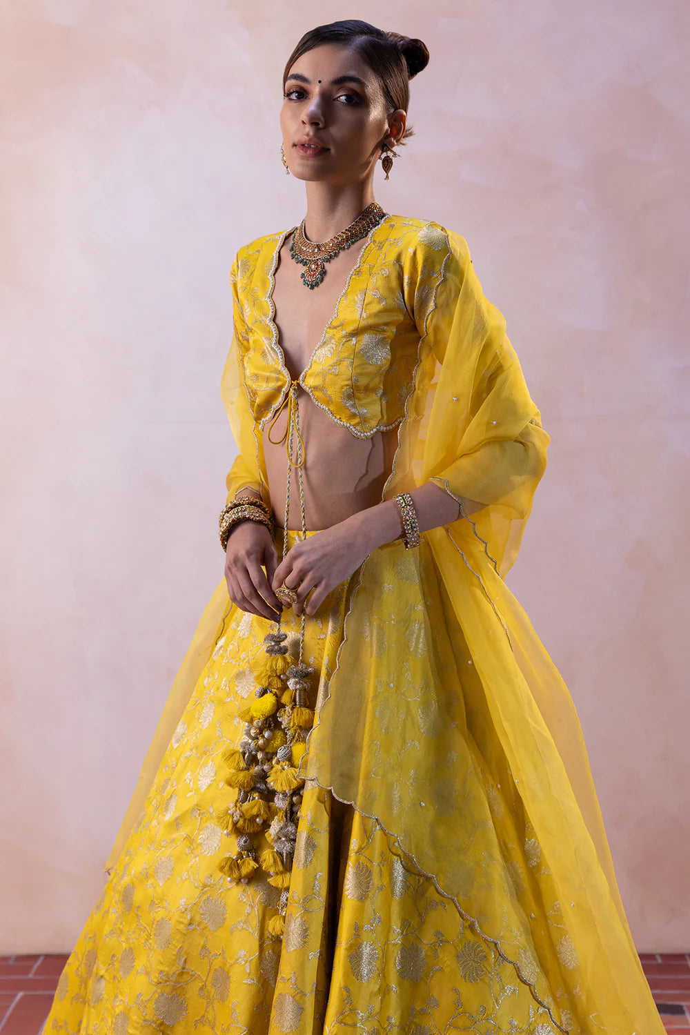 Raw Silk Palm Tree Jaal Lehenga with Zari Crushed Tissue Fringes & Organza Dupatta
