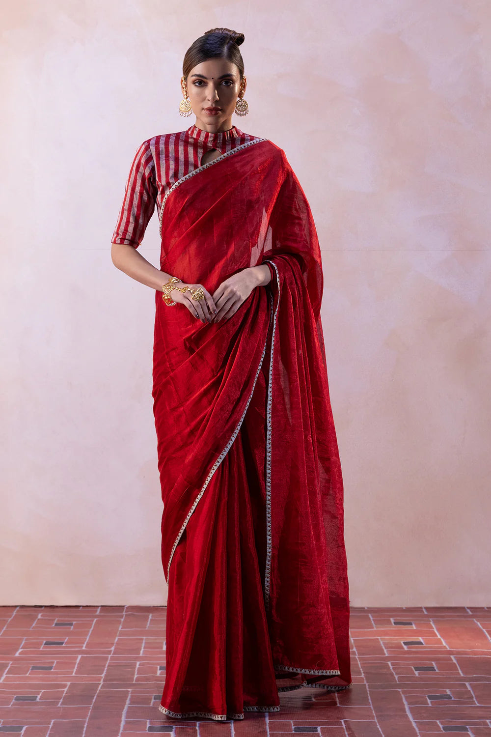 Red Zari Tissue Saree with Silver-Red Stripe Blouse & Petticoat