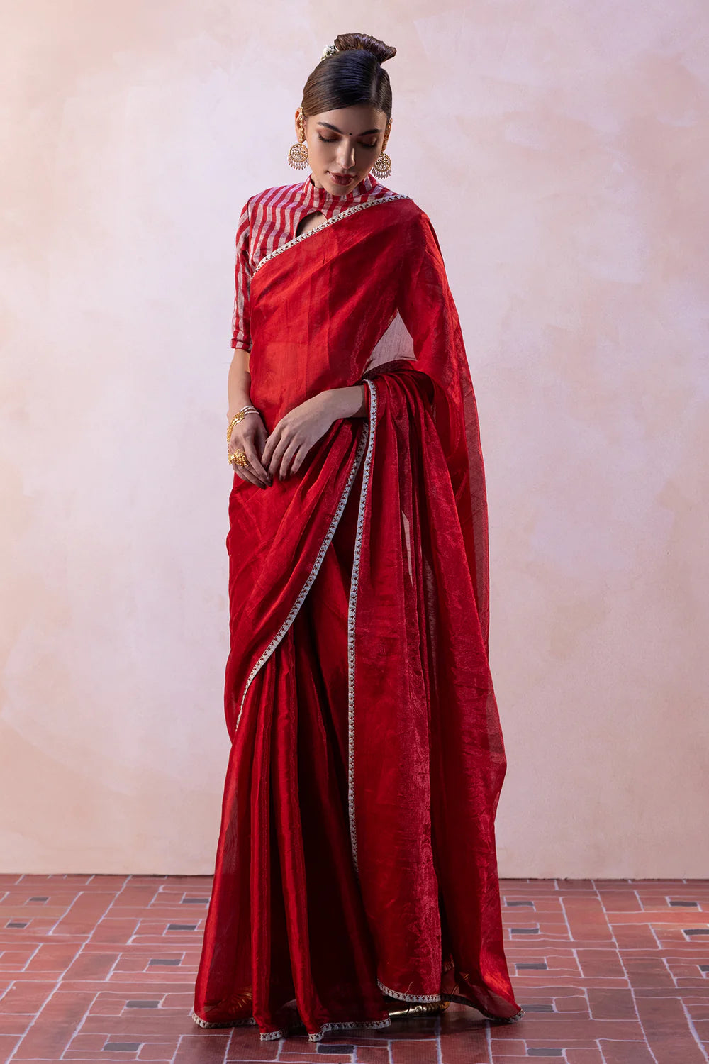 Red Zari Tissue Saree with Silver-Red Stripe Blouse & Petticoat