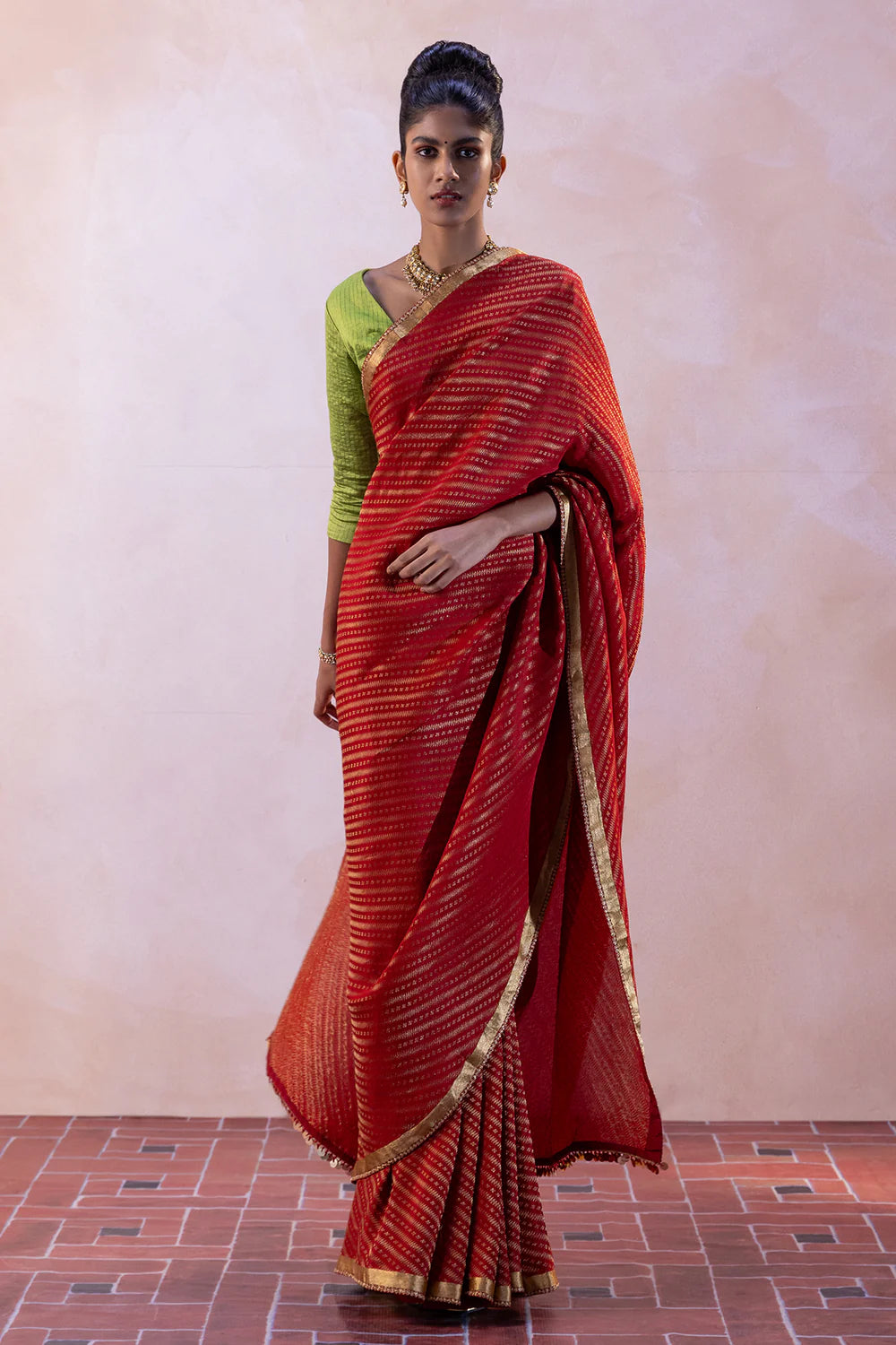 Silk Satin Striped Saree with Zari Raw Silk Tiny Checks Blouse & Petticoat