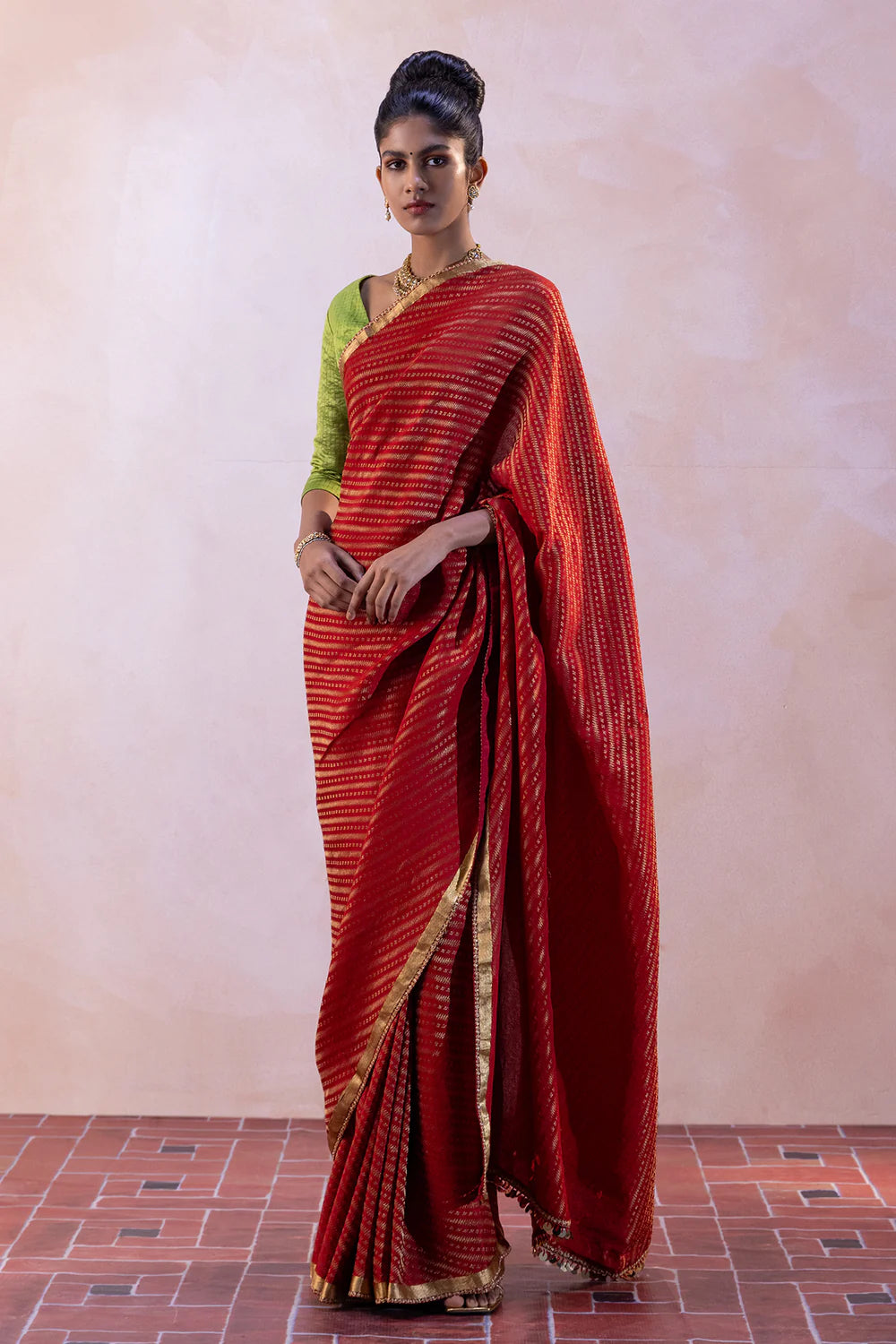 Silk Satin Striped Saree with Zari Raw Silk Tiny Checks Blouse & Petticoat