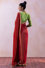 Silk Satin Striped Saree with Zari Raw Silk Tiny Checks Blouse & Petticoat