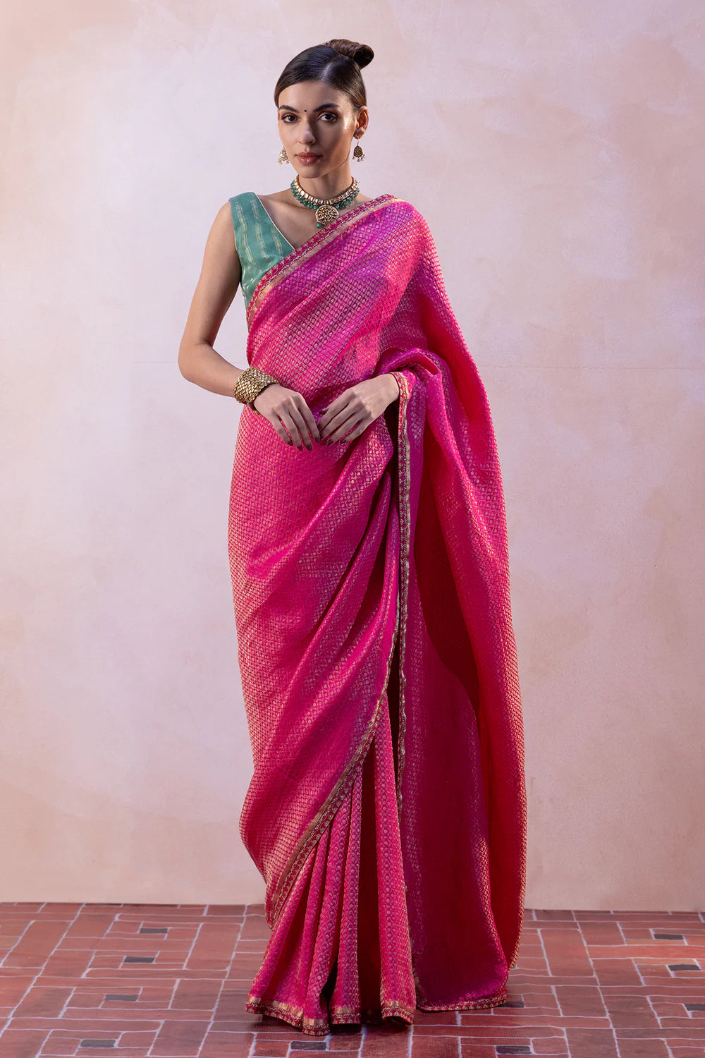 Silk Satin Checked Saree with Zari Tissue Stripe Blouse & Petticoat