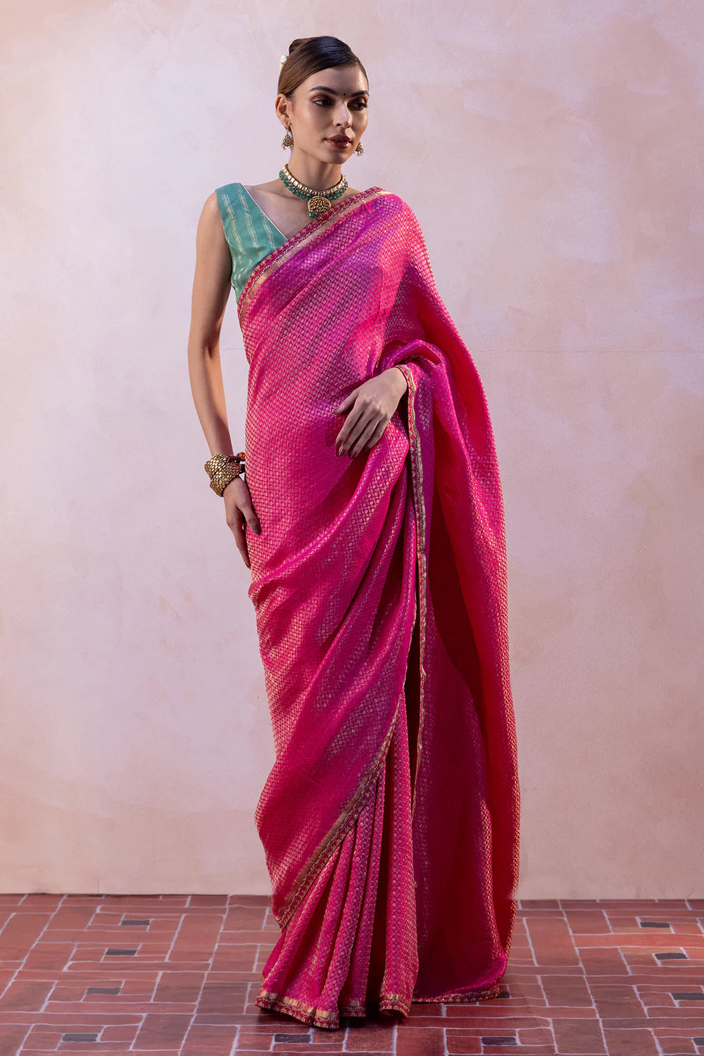 Silk Satin Checked Saree with Zari Tissue Stripe Blouse & Petticoat