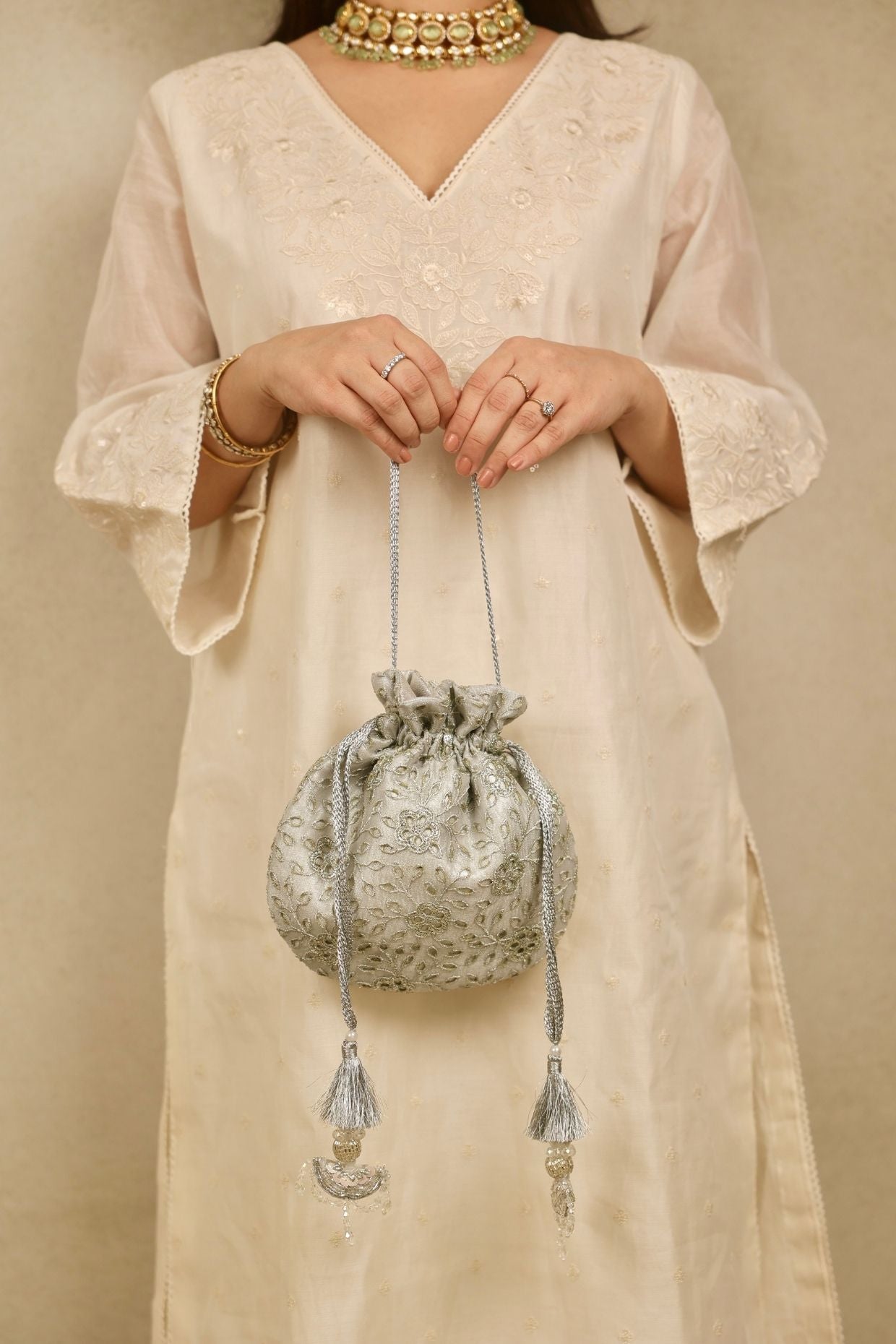 Tarang cutwork potli - Silver