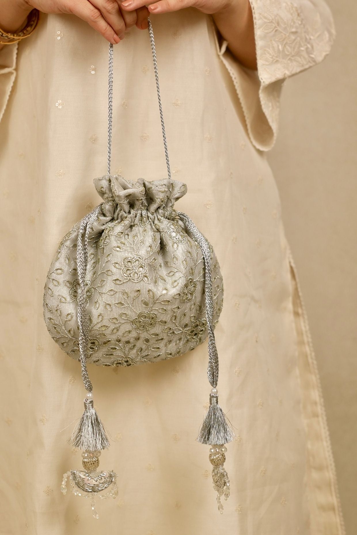 Tarang cutwork potli - Silver
