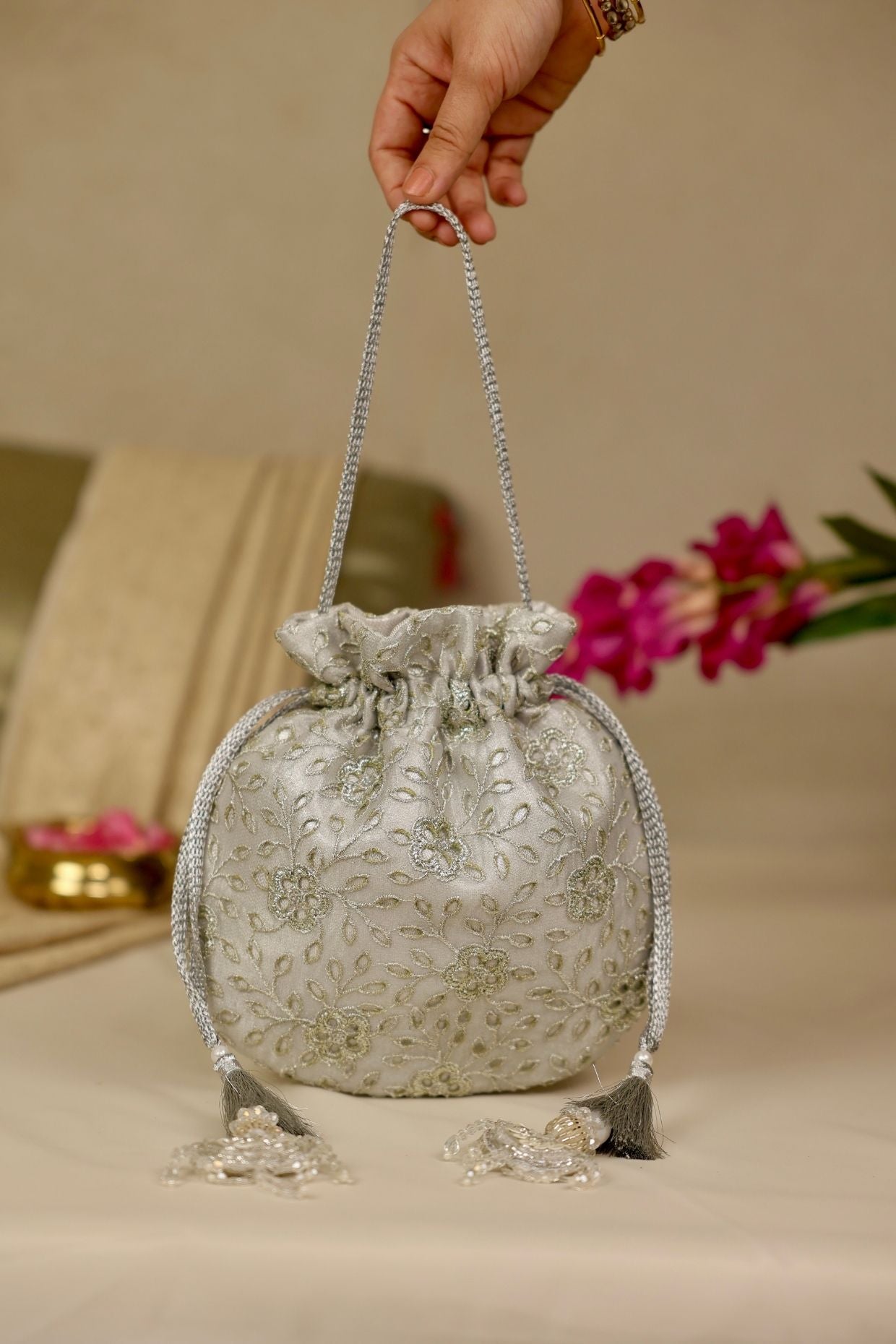 Tarang cutwork potli - Silver