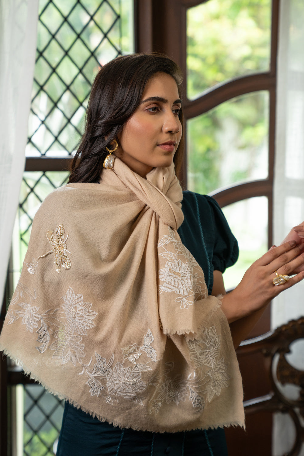 The Gilded Dragonfly | Embroidered Fine Wool Silk Stole